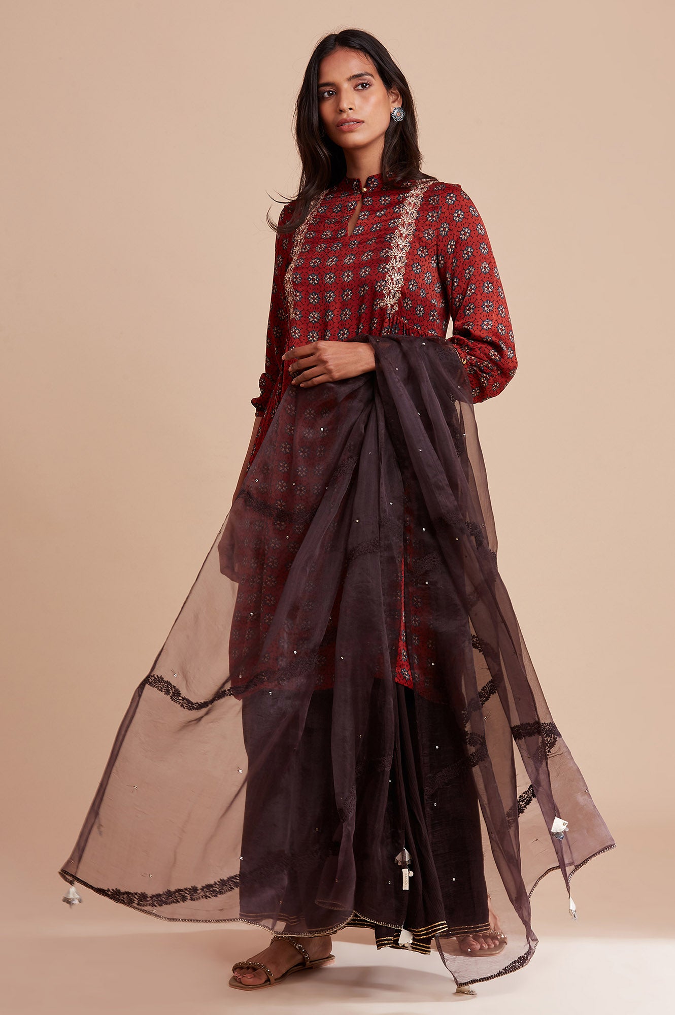 Red Ajrakh Print Dress In Lustrous Satin