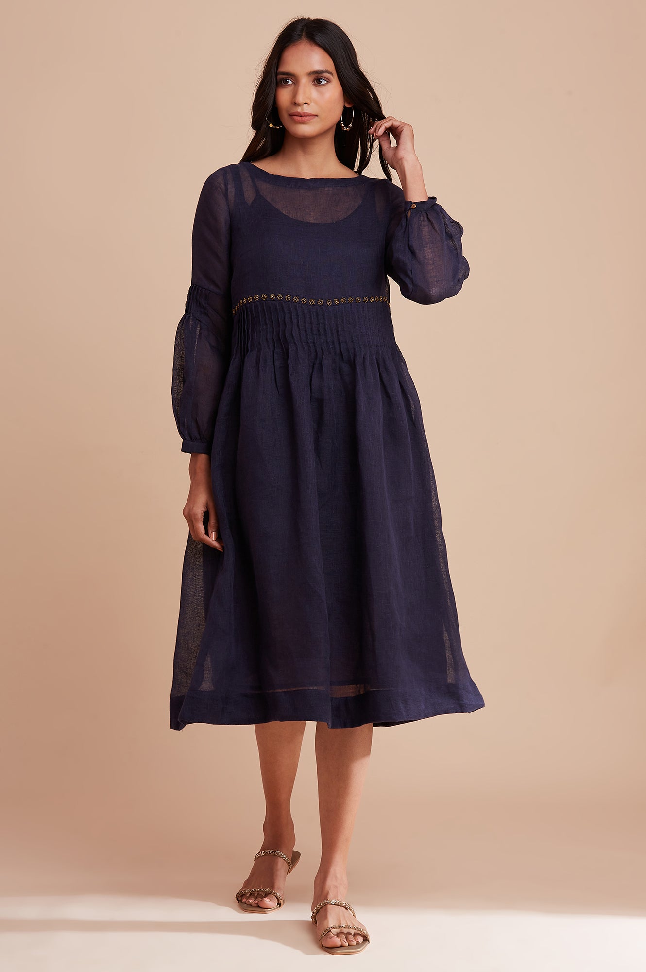 Blue Pleated Linen Dress