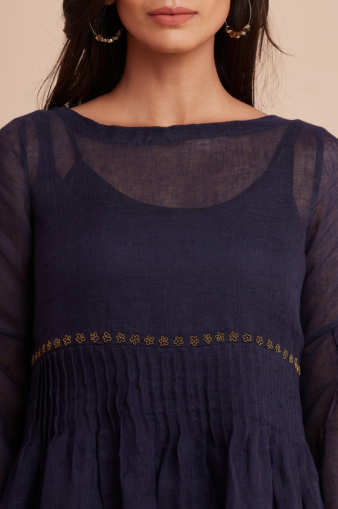 Blue Pleated Linen Dress