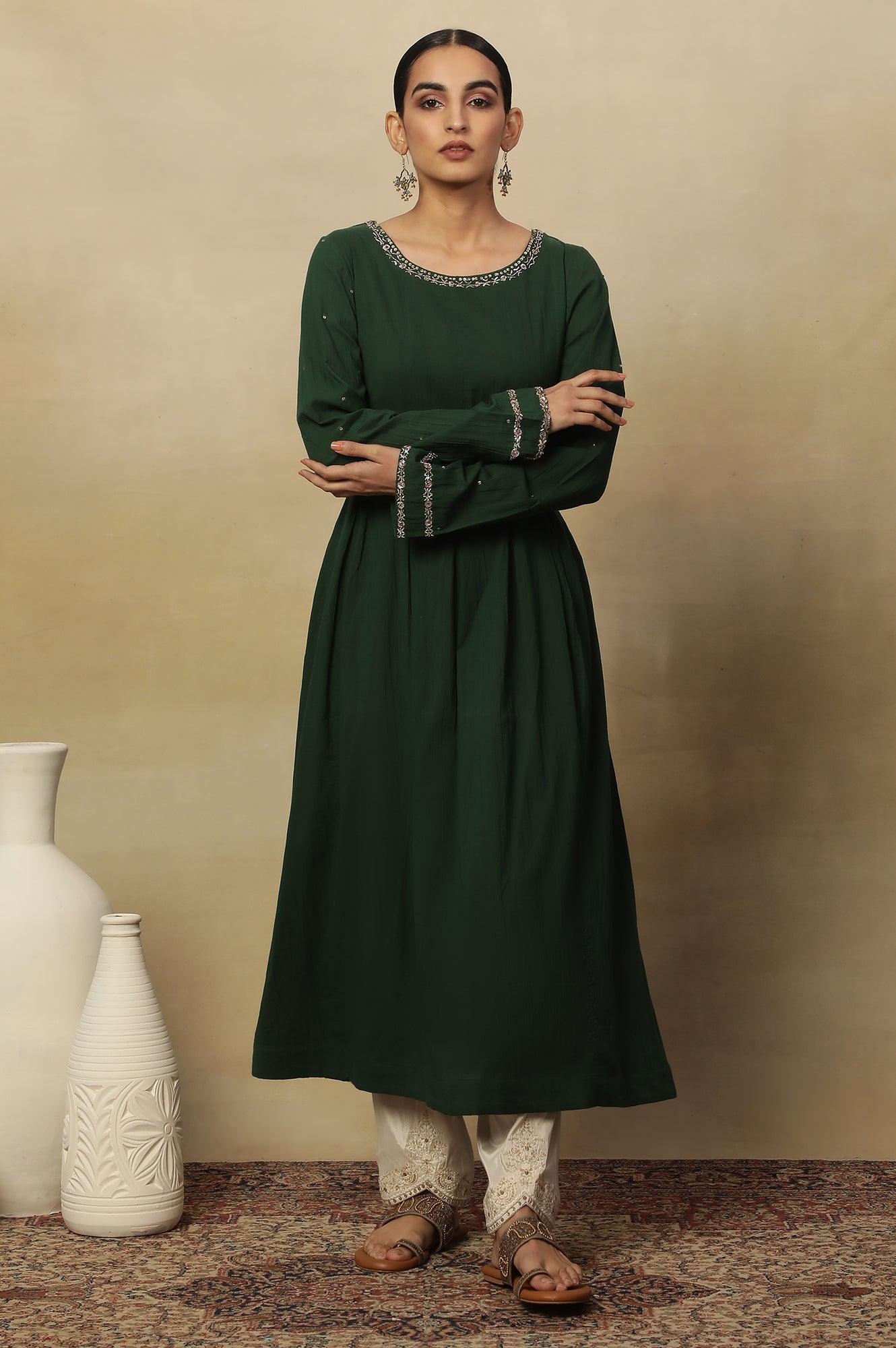 Dark Green Long Line Pleated Kurta In Soft Voile - wforwoman