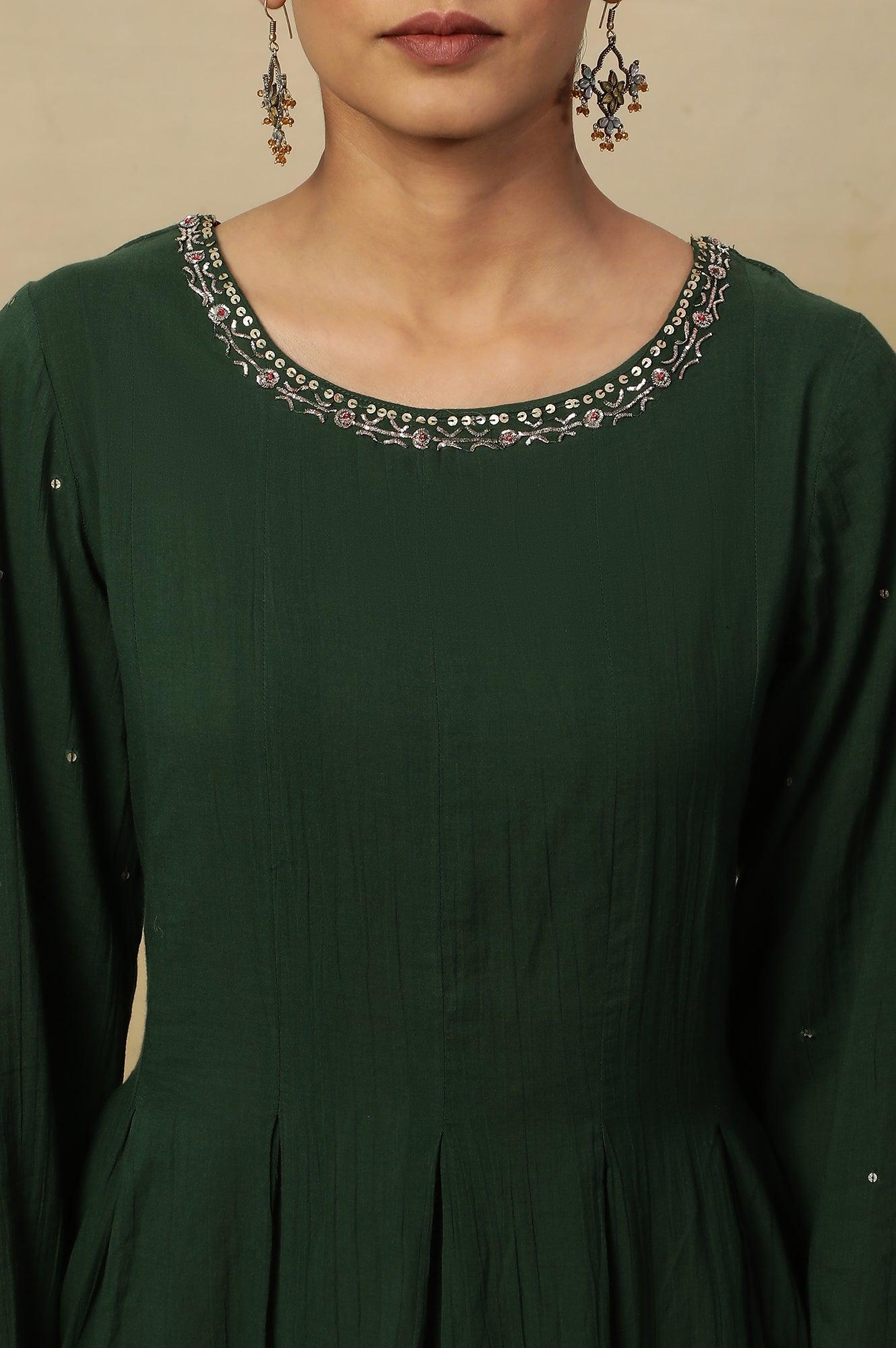 Dark Green Long Line Pleated Kurta In Soft Voile - wforwoman