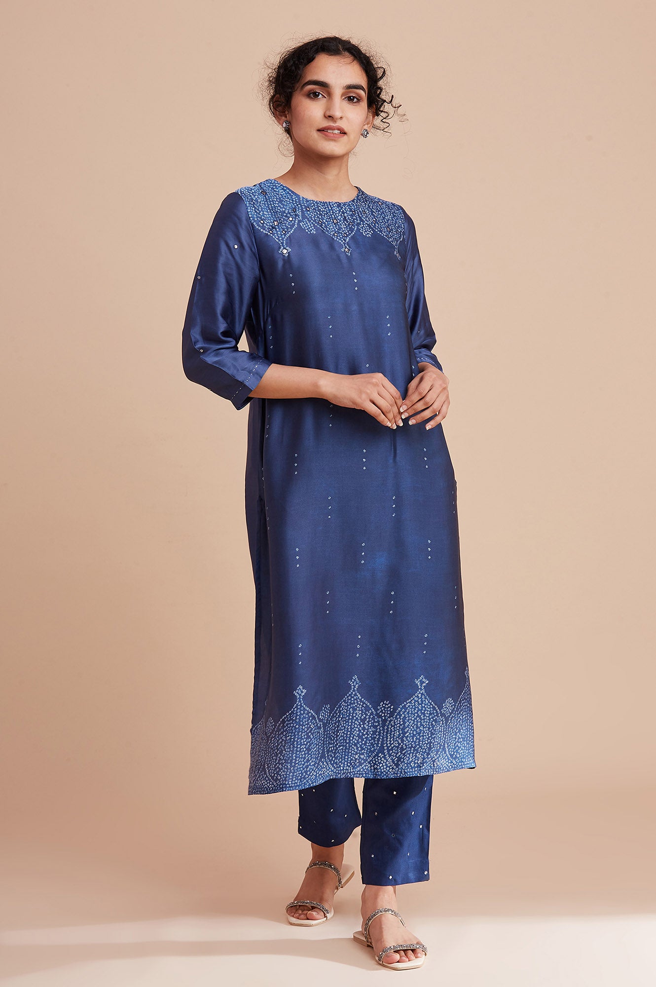 Blue Printed Straight kurta In Lustrous Satin