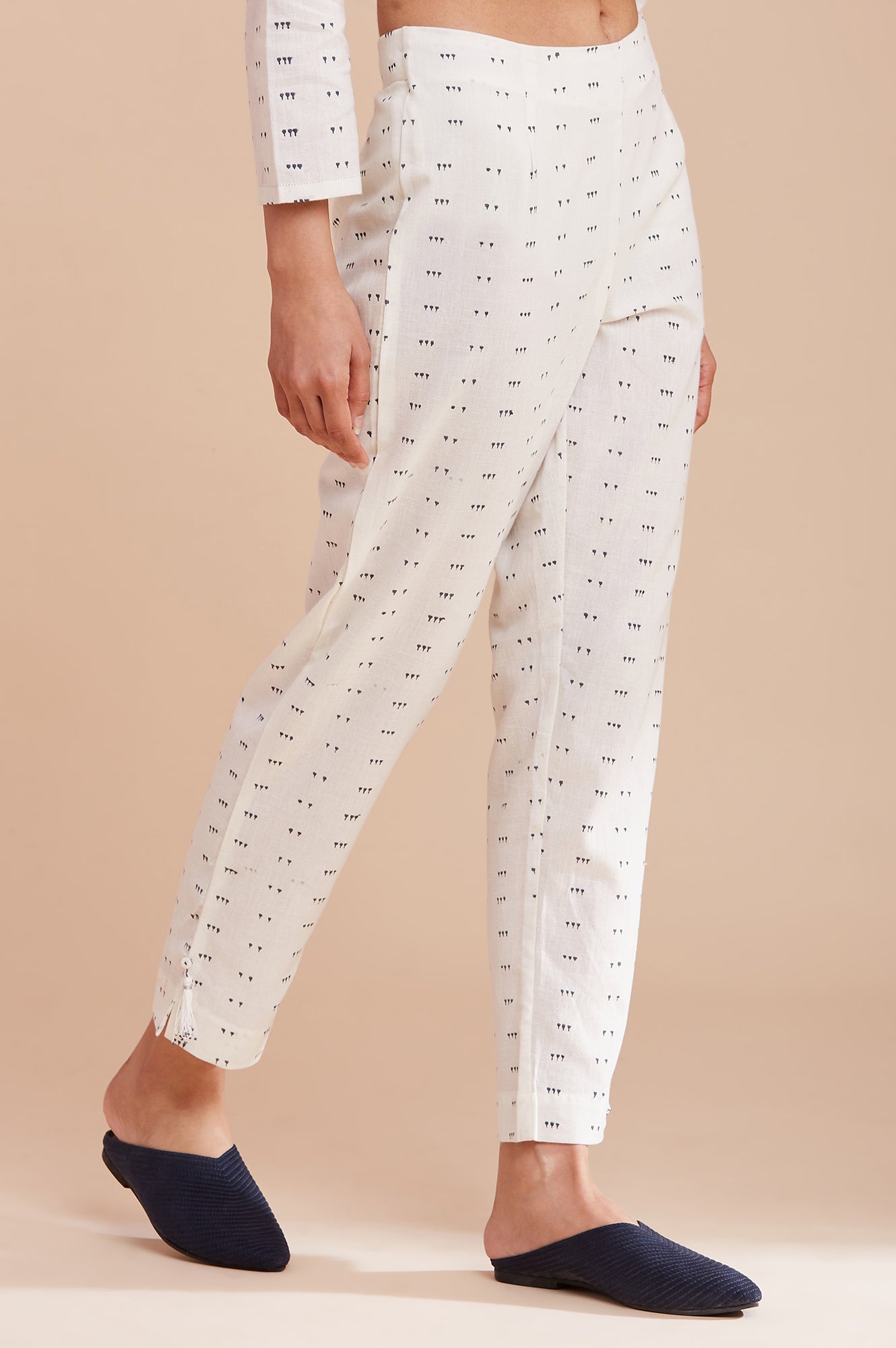 Ecru Printed Slim Pants
