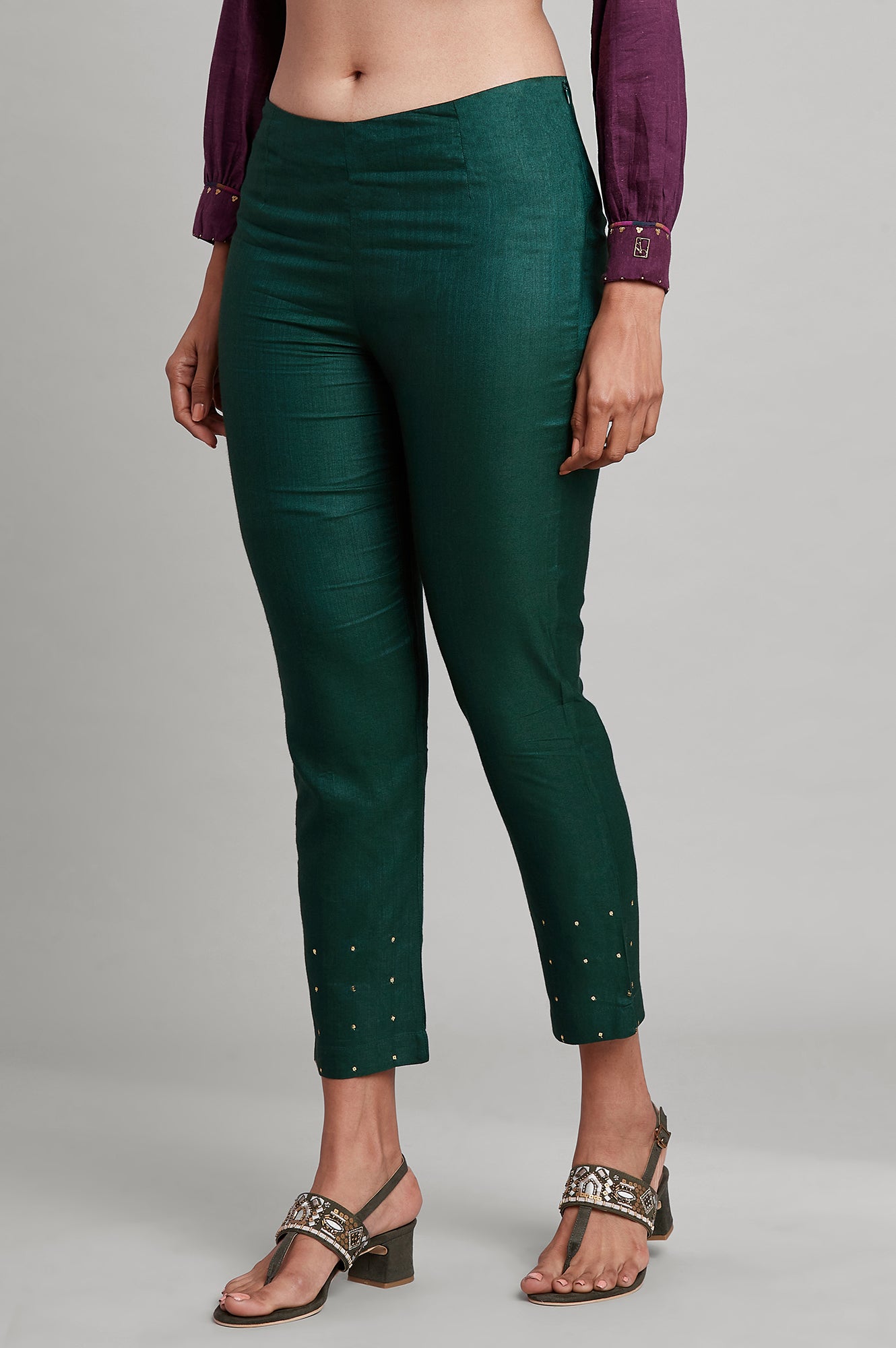 Dark Green Solid Slim Pants