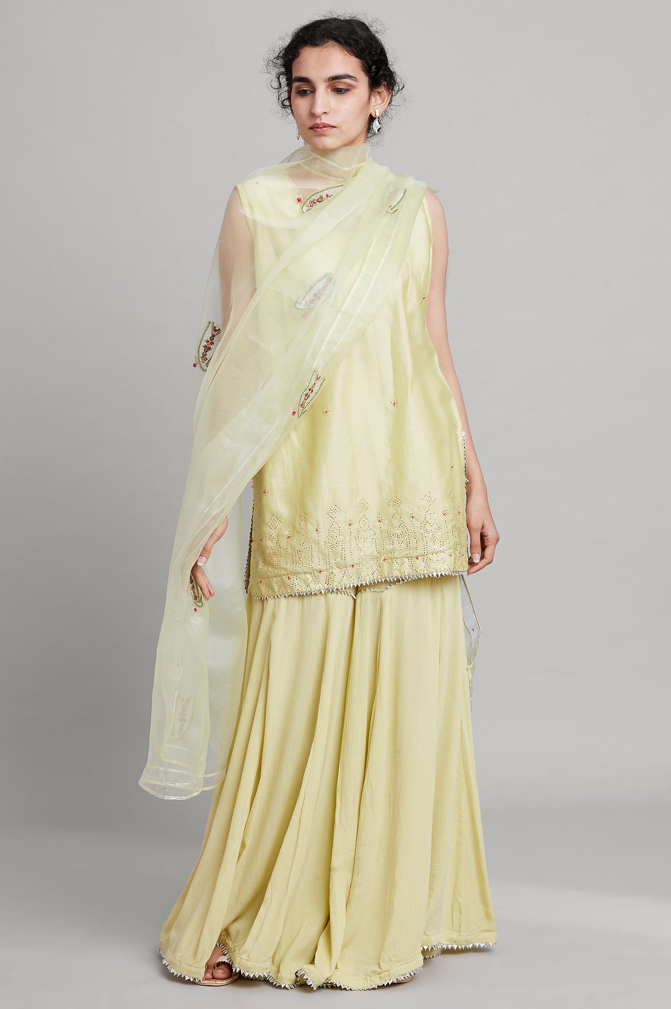 Light Green Short kurta-Light Green Sharara-Dupatta Set