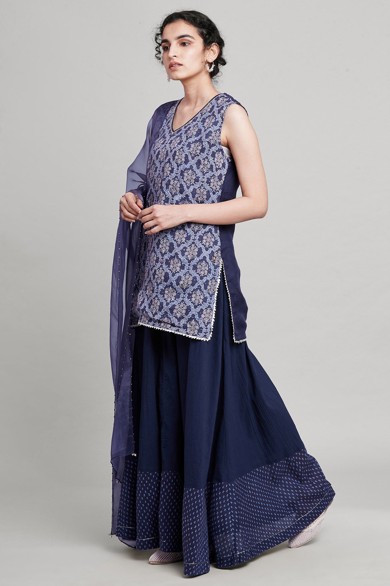 Blue Short kurta-Crinkled Skirt-Organza Drape Set