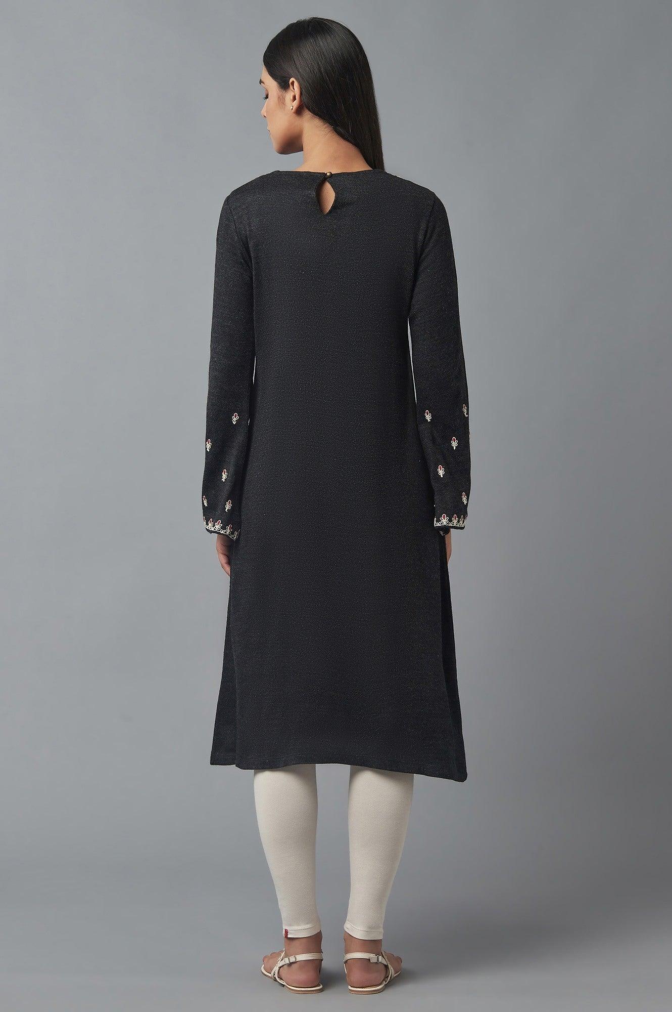 Dark Grey Embroidered Winter kurta - wforwoman