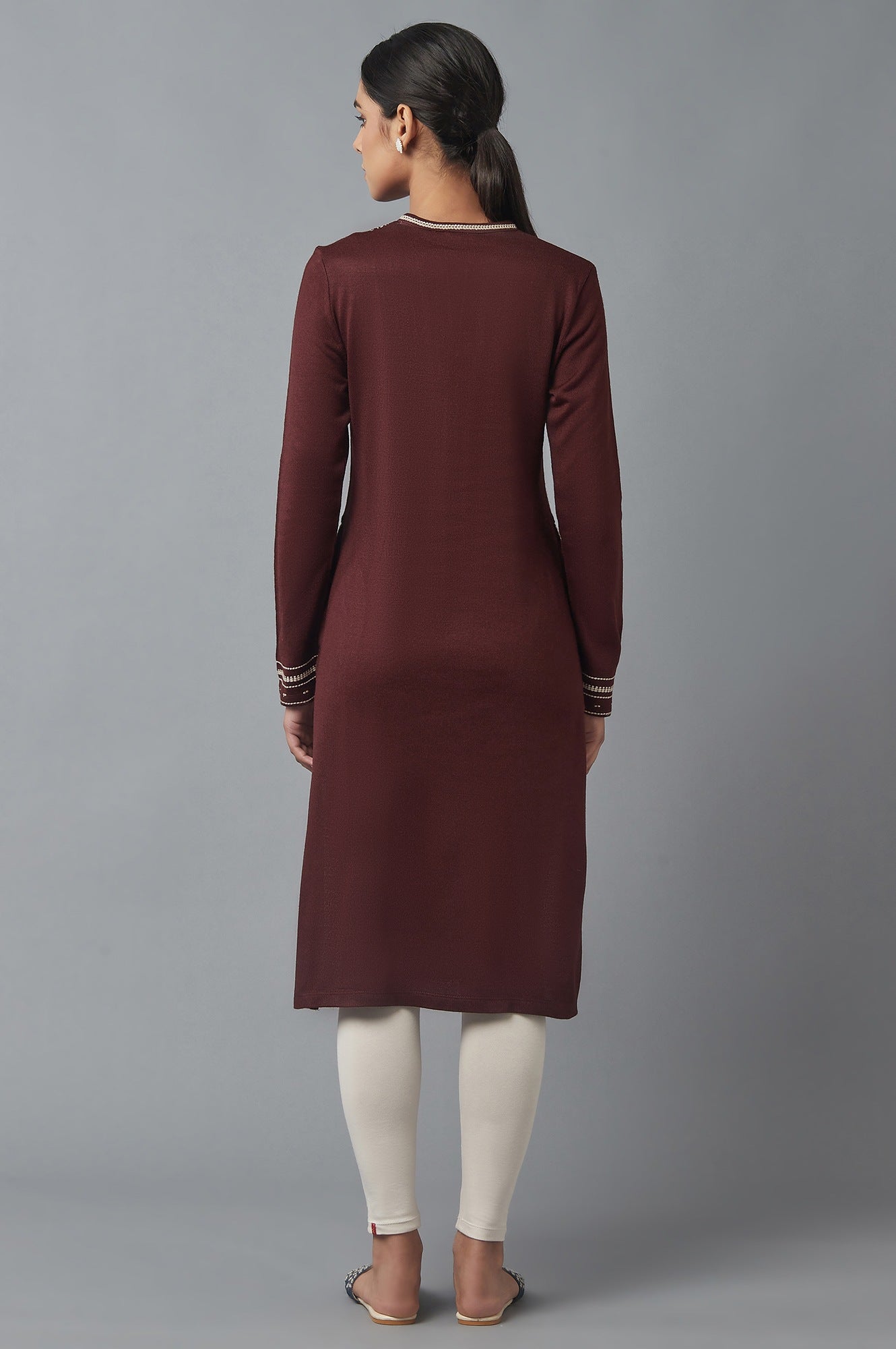 Chocolate Brown Embroidered Winter Kurta
