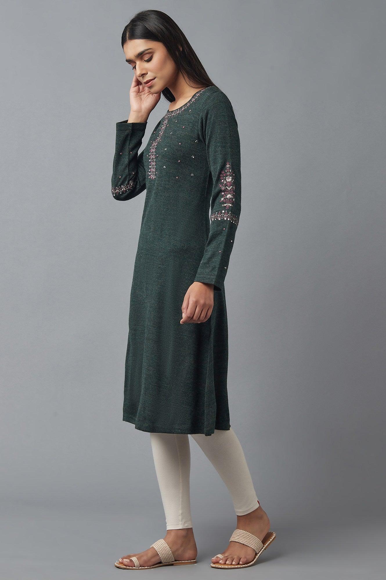 Slate Grey Embroidered Winter kurta - wforwoman