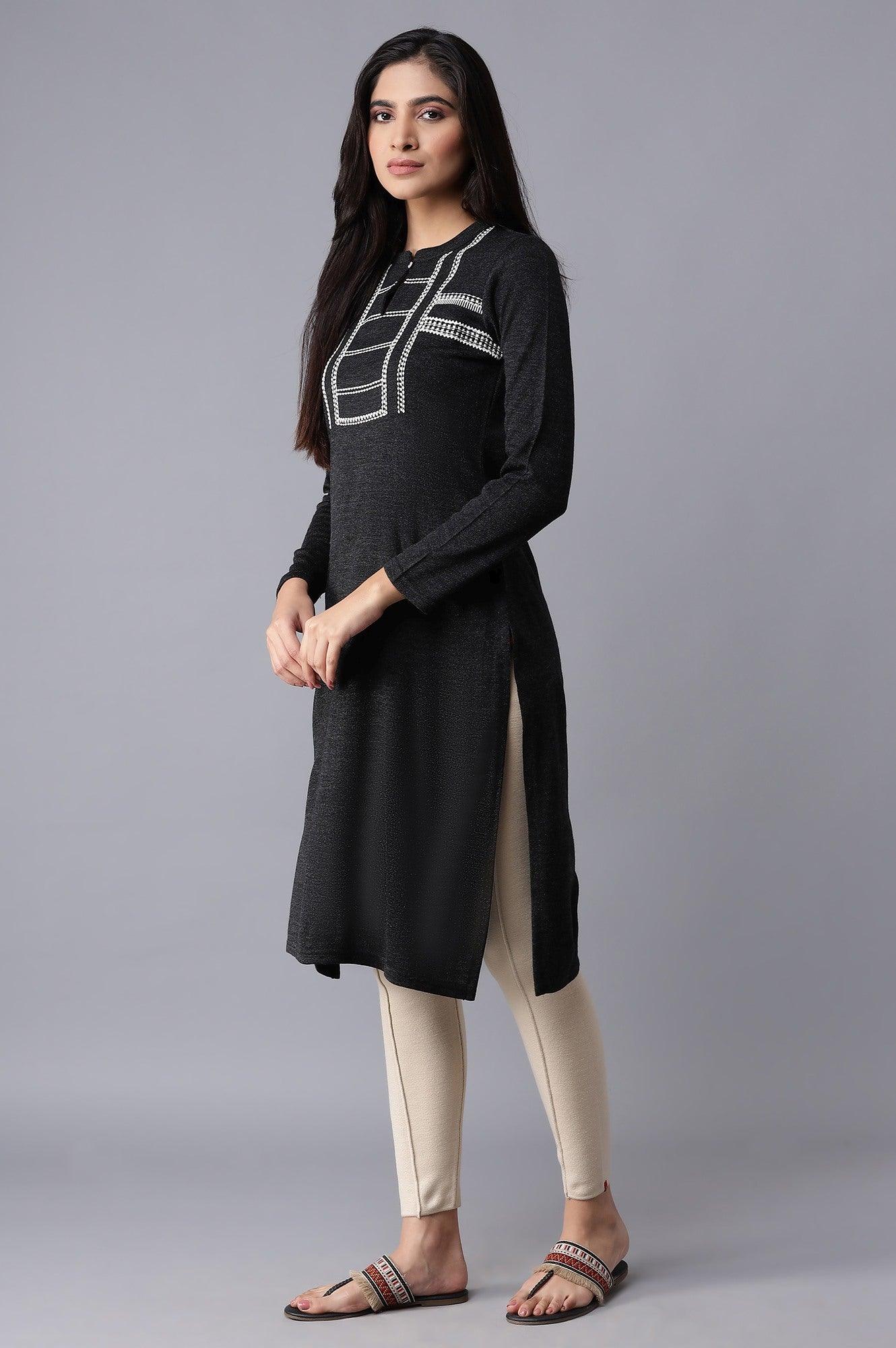 Black Solid Winter kurta - wforwoman