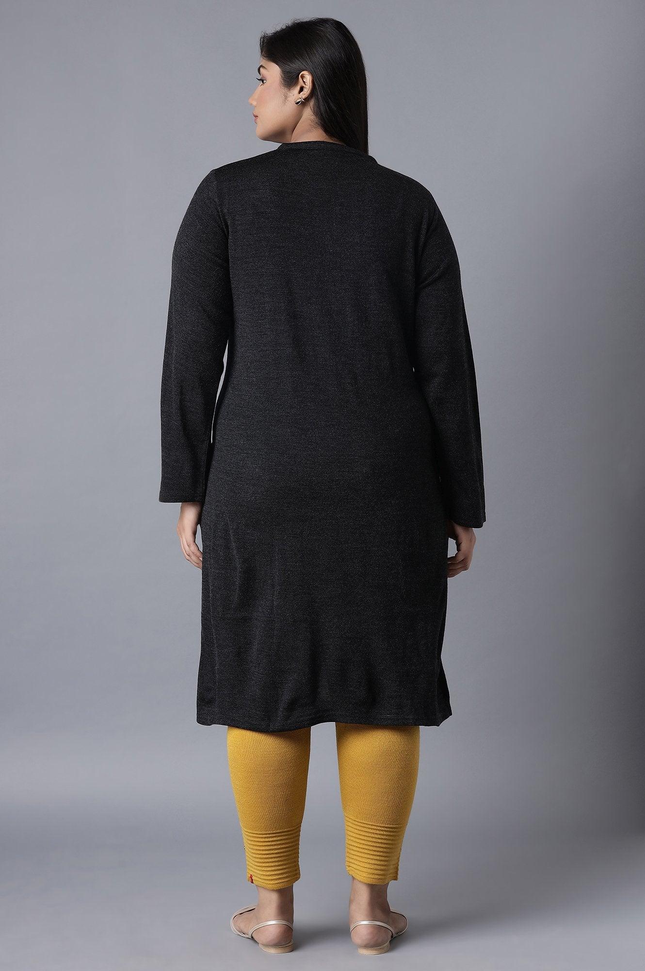 Black Solid Winter kurta - wforwoman