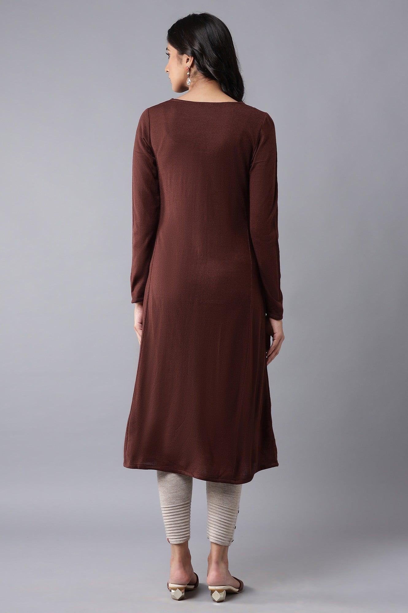 Dark Brown A-line Winter kurta - wforwoman