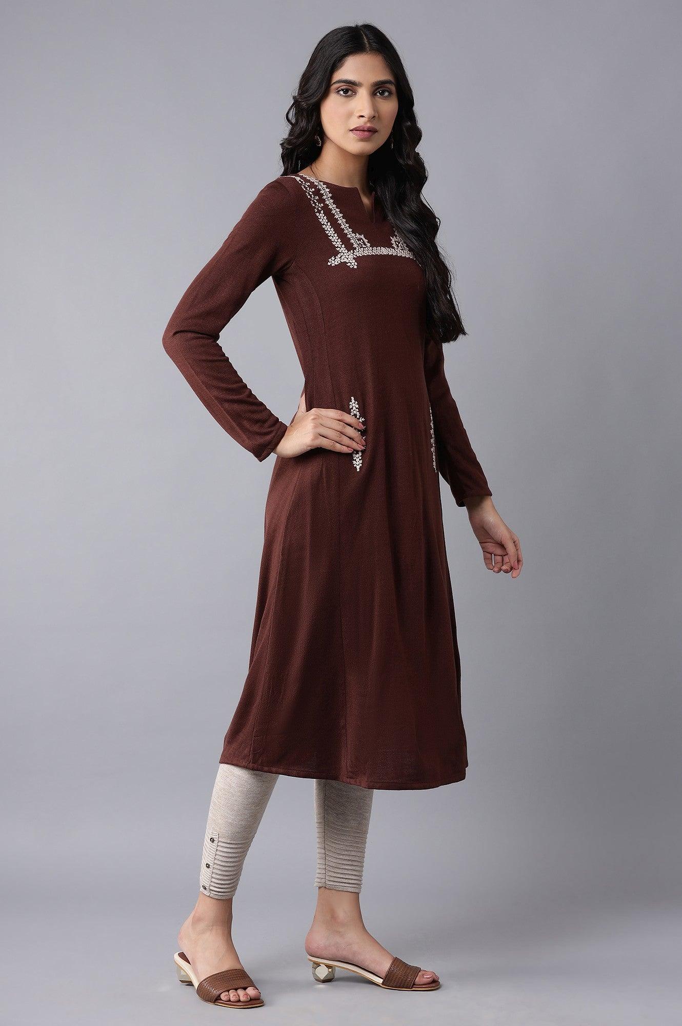 Dark Brown A-line Winter kurta - wforwoman
