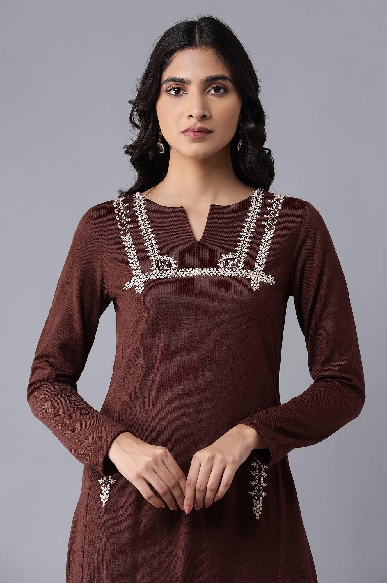 Dark Brown A-line Winter kurta - wforwoman