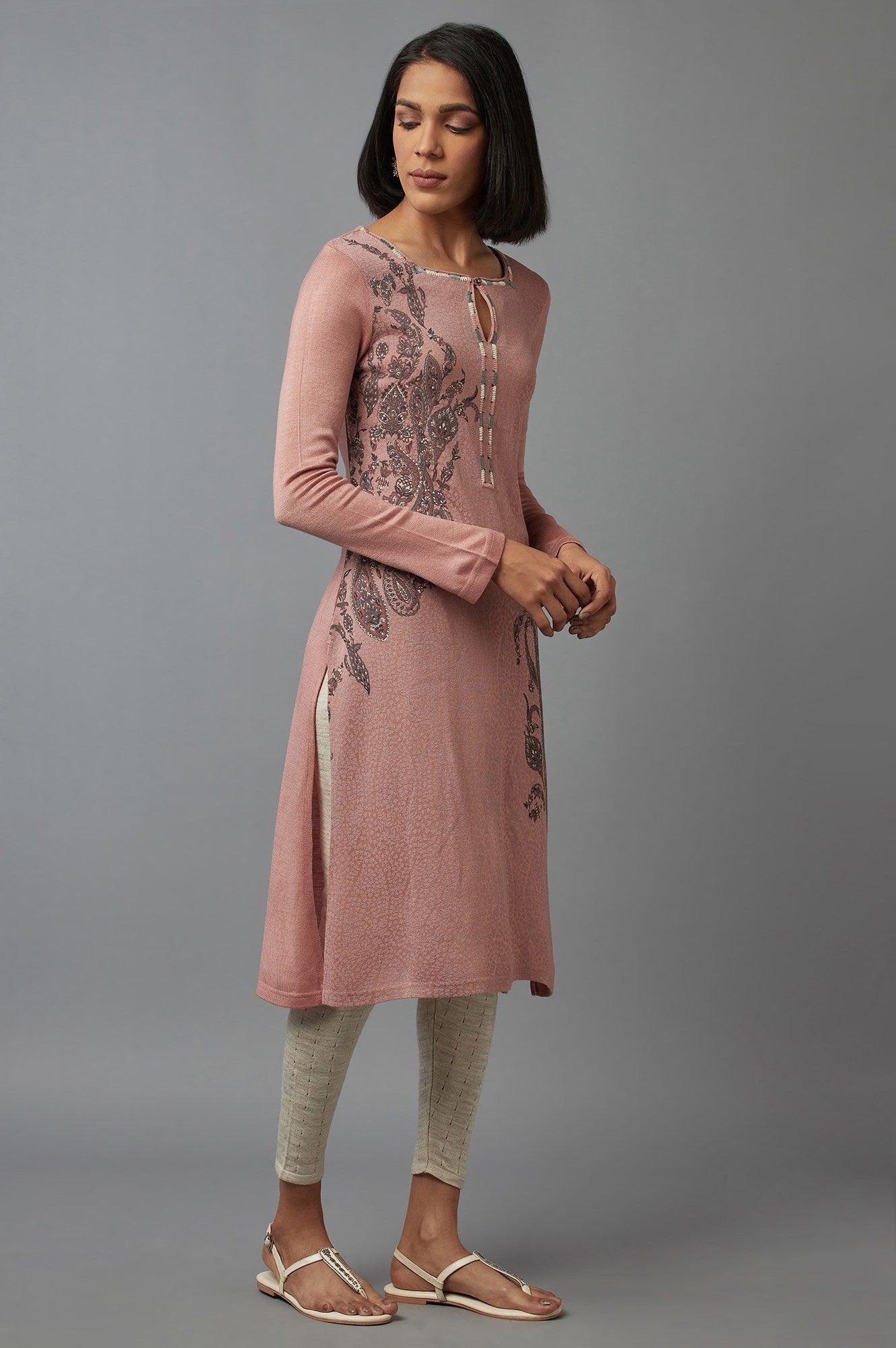 Pink Embroidered A-line kurta - wforwoman