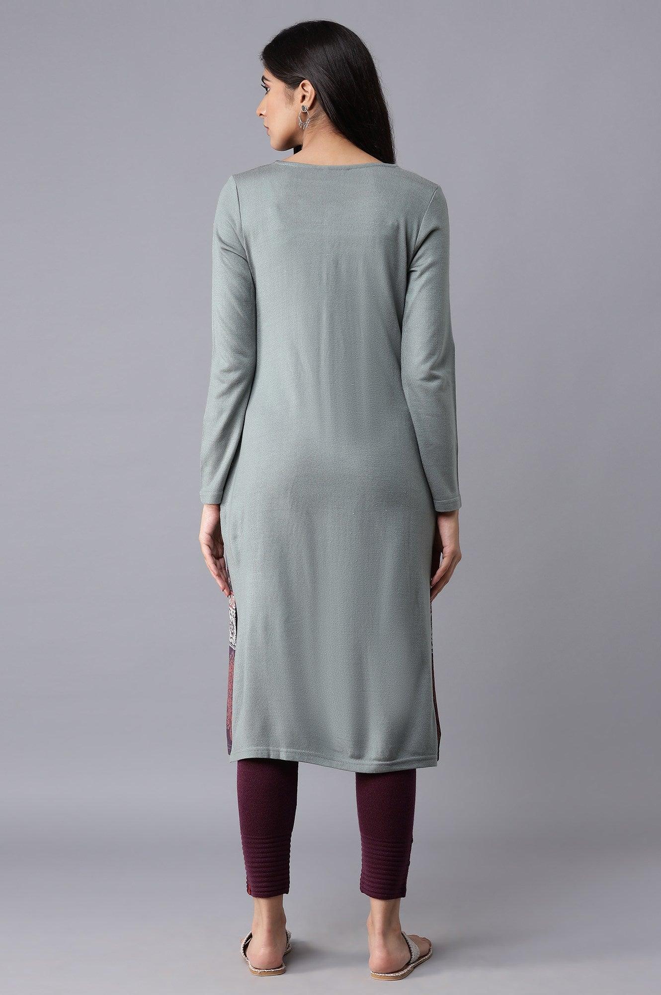 Light Blue Printed Winter kurta - wforwoman