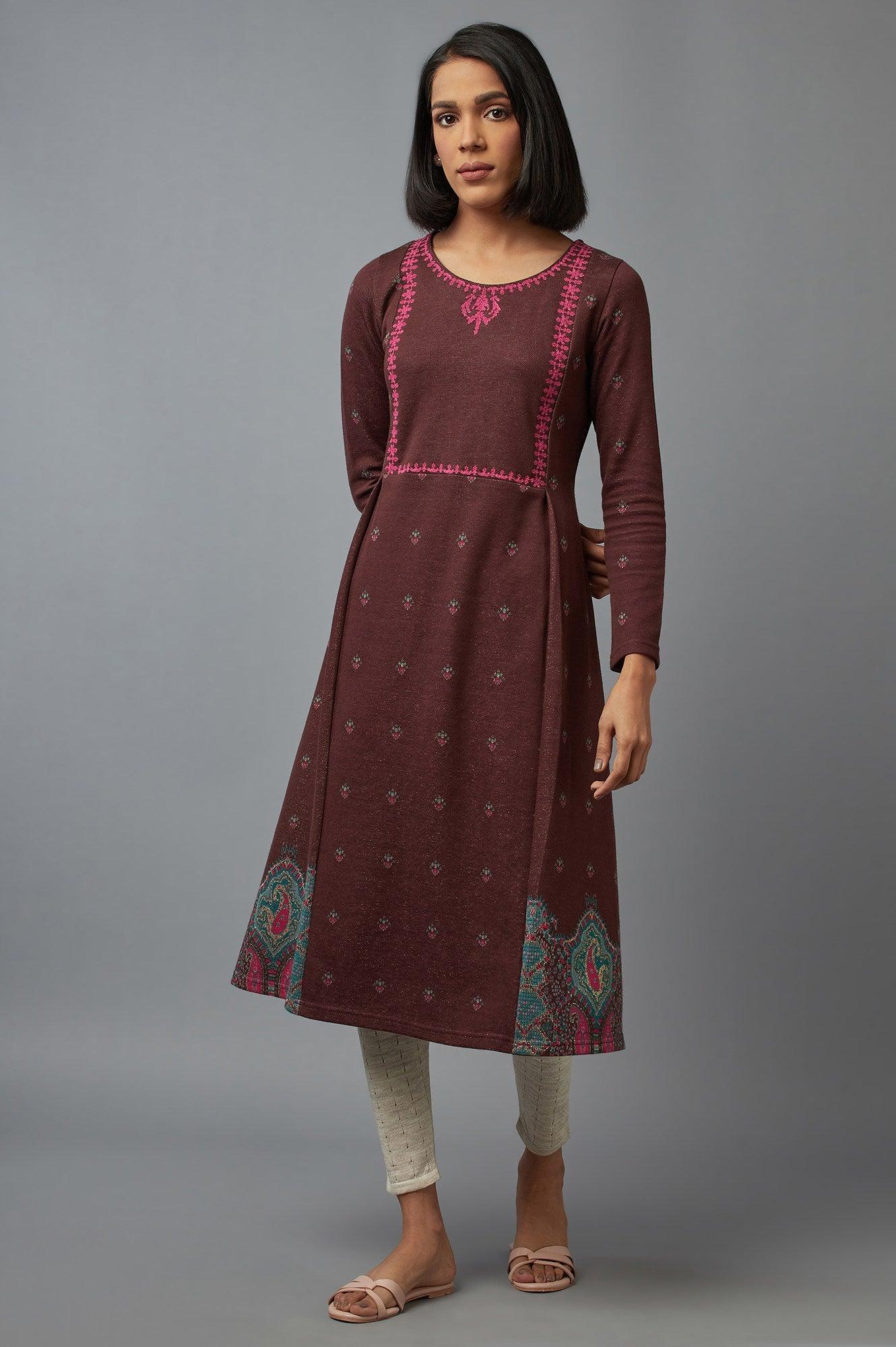 Brown Jacquard A-line kurta - wforwoman