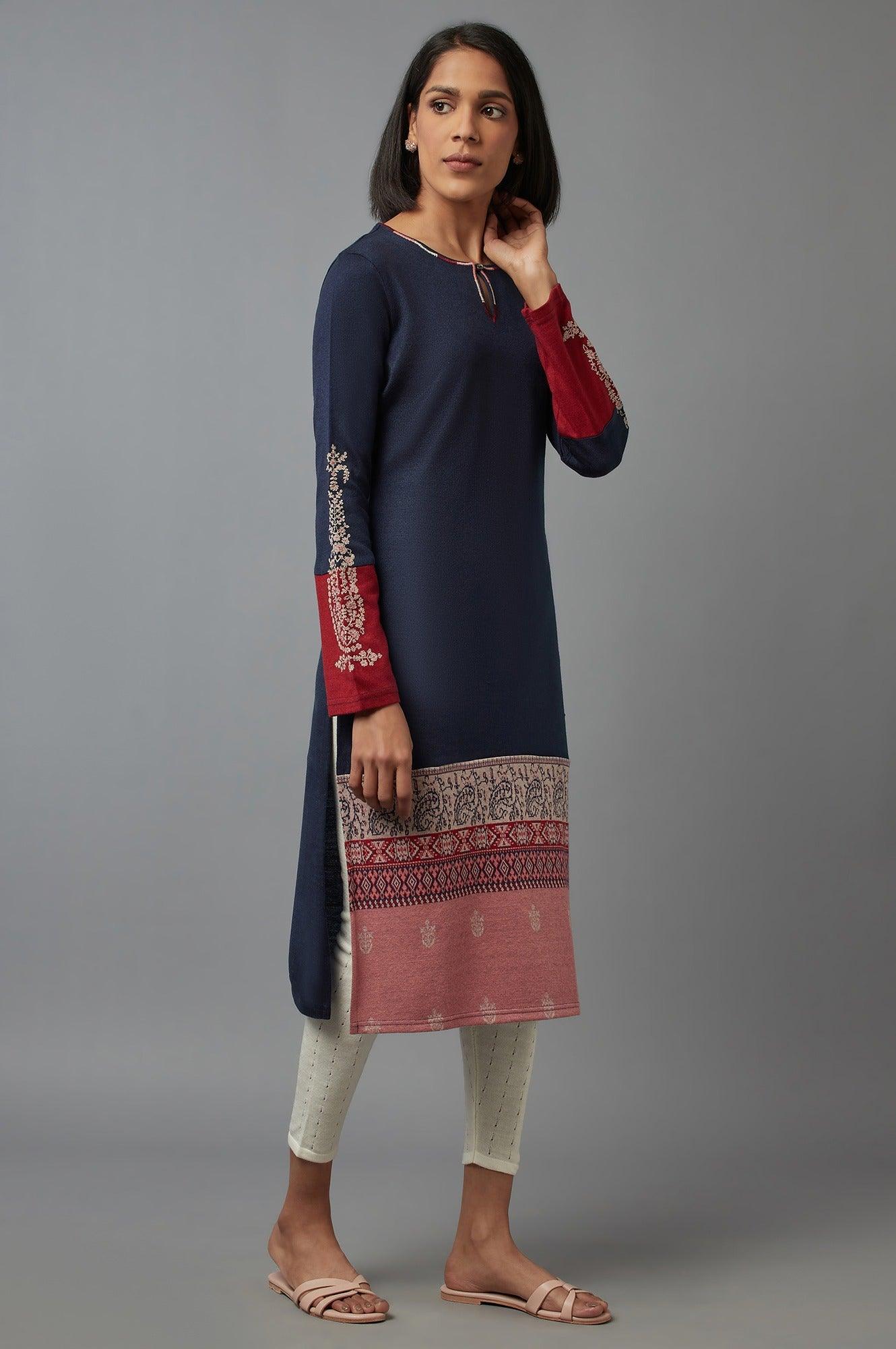 Dark Blue Colour Block kurta - wforwoman