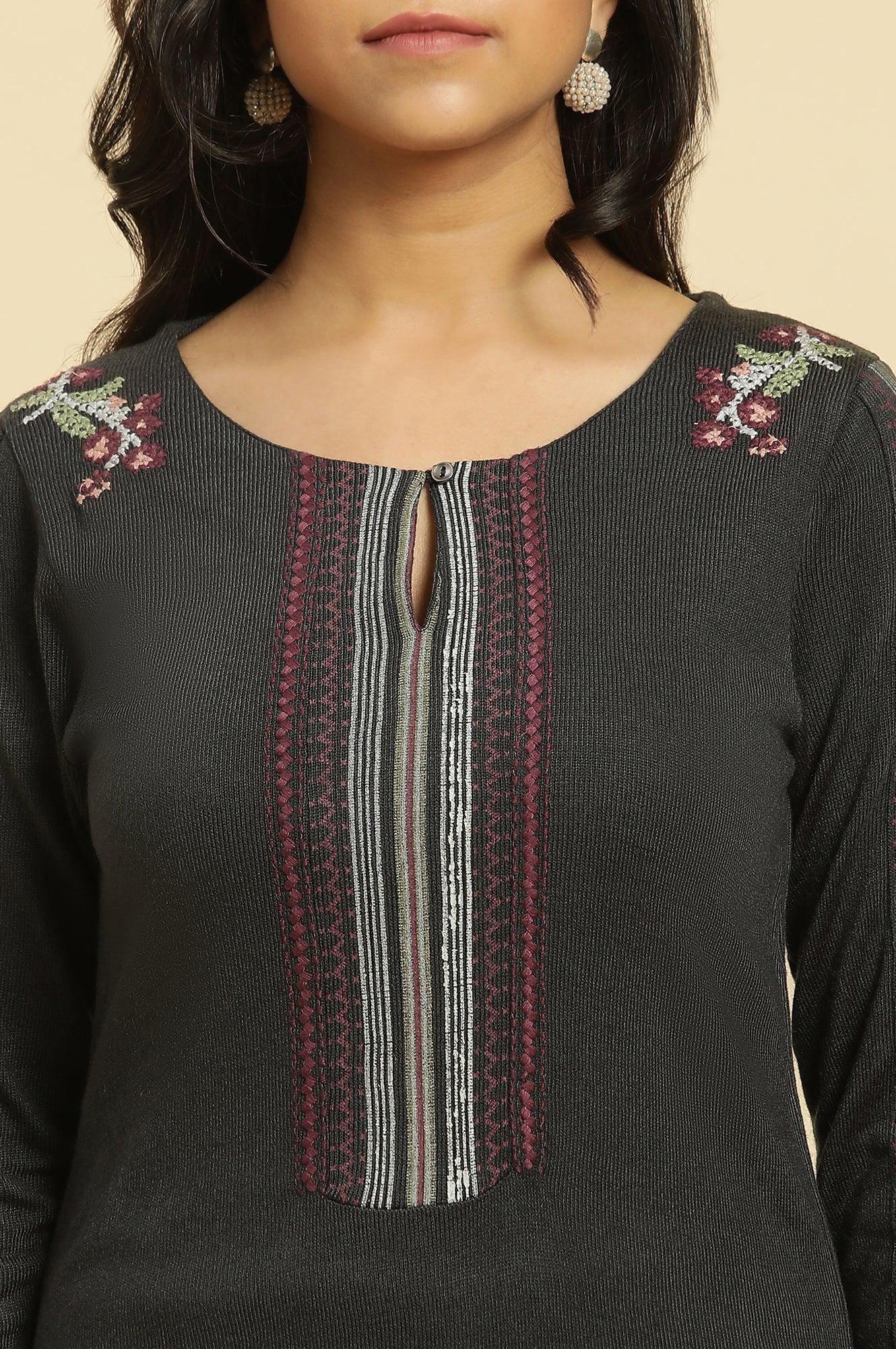 Dark Grey Crosstitch Embroidered Kurta - wforwoman