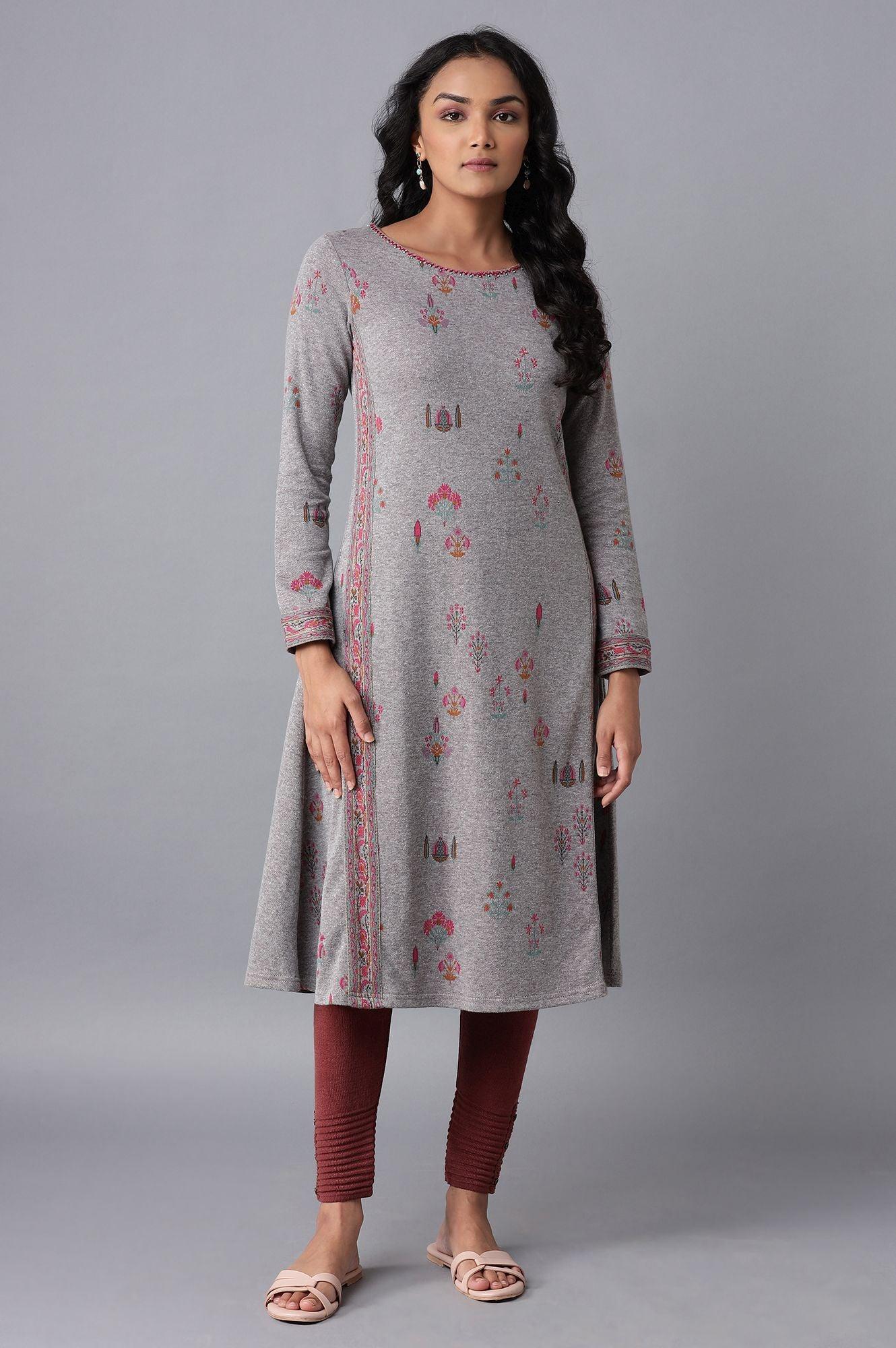 Grey Melange Floral Jacquard kurta - wforwoman
