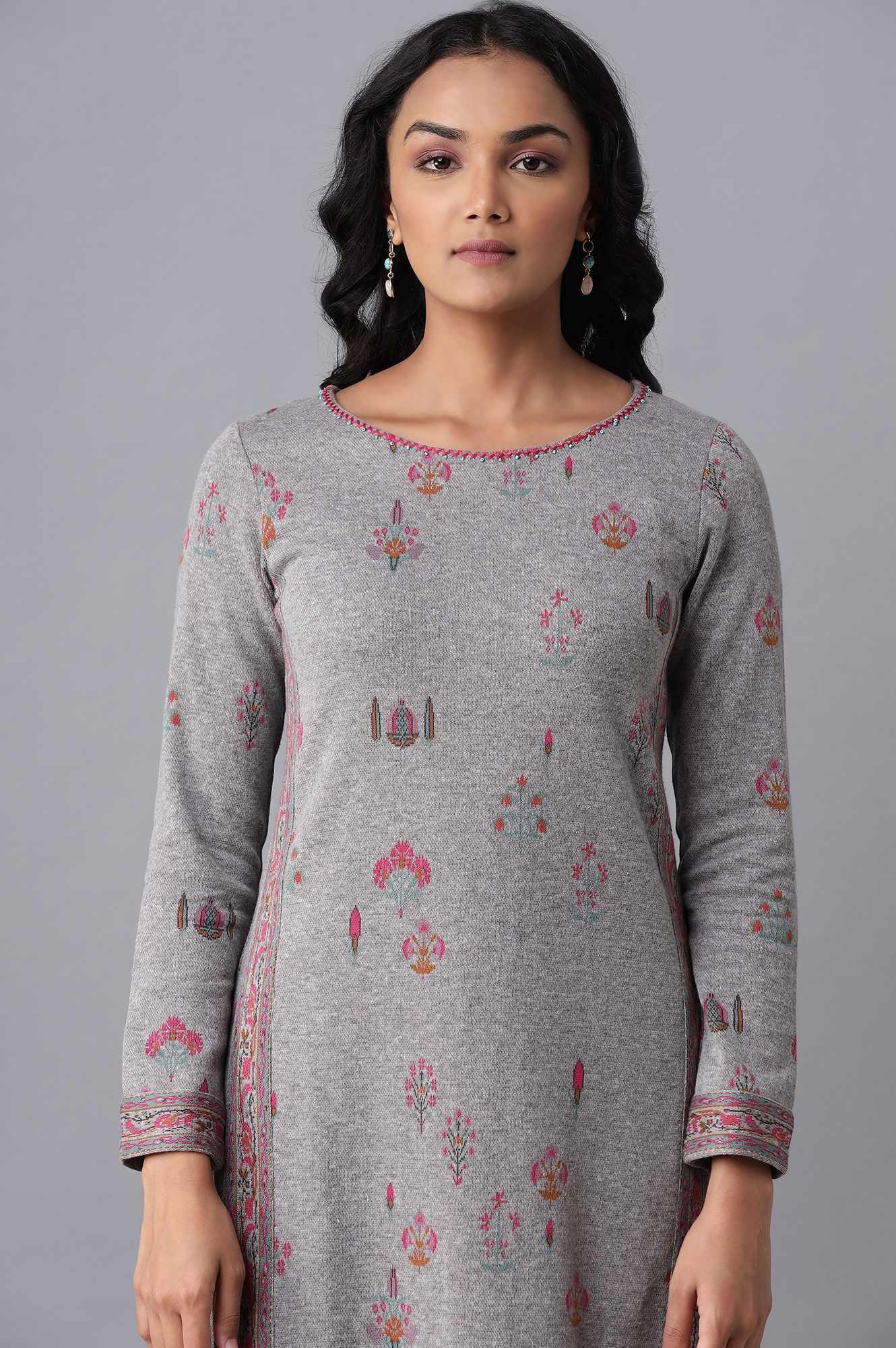 Grey Melange Floral Jacquard kurta - wforwoman
