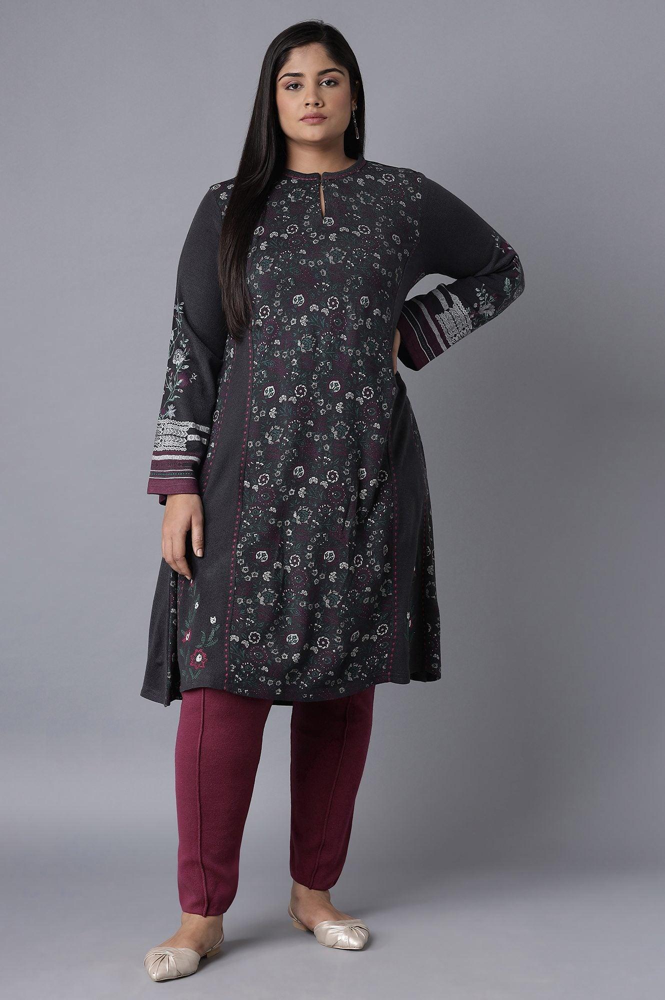 Graphite Grey Floral Acrylic kurta - wforwoman