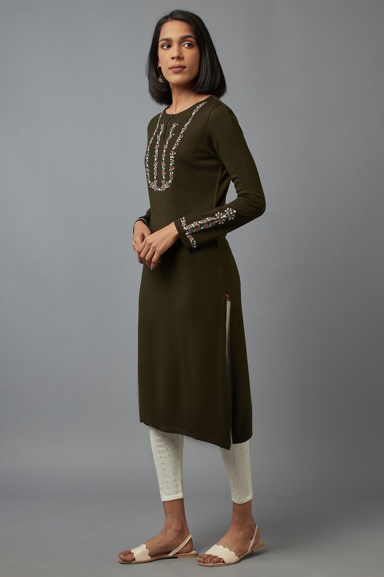 Olive Embroidered kurta