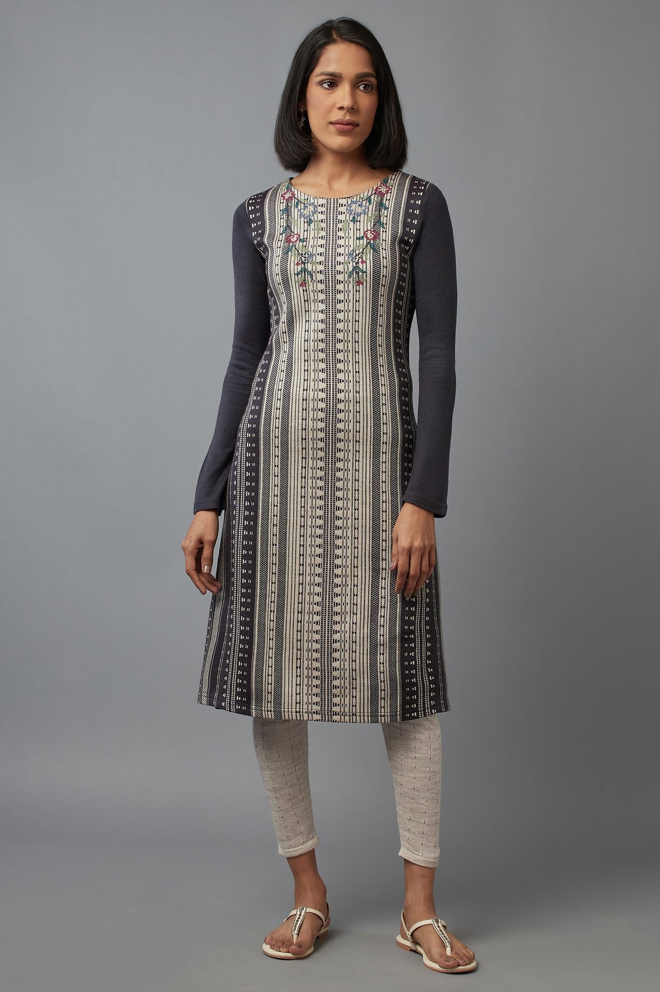Dark Grey Colour Block kurta with Crosstitch Embroidery
