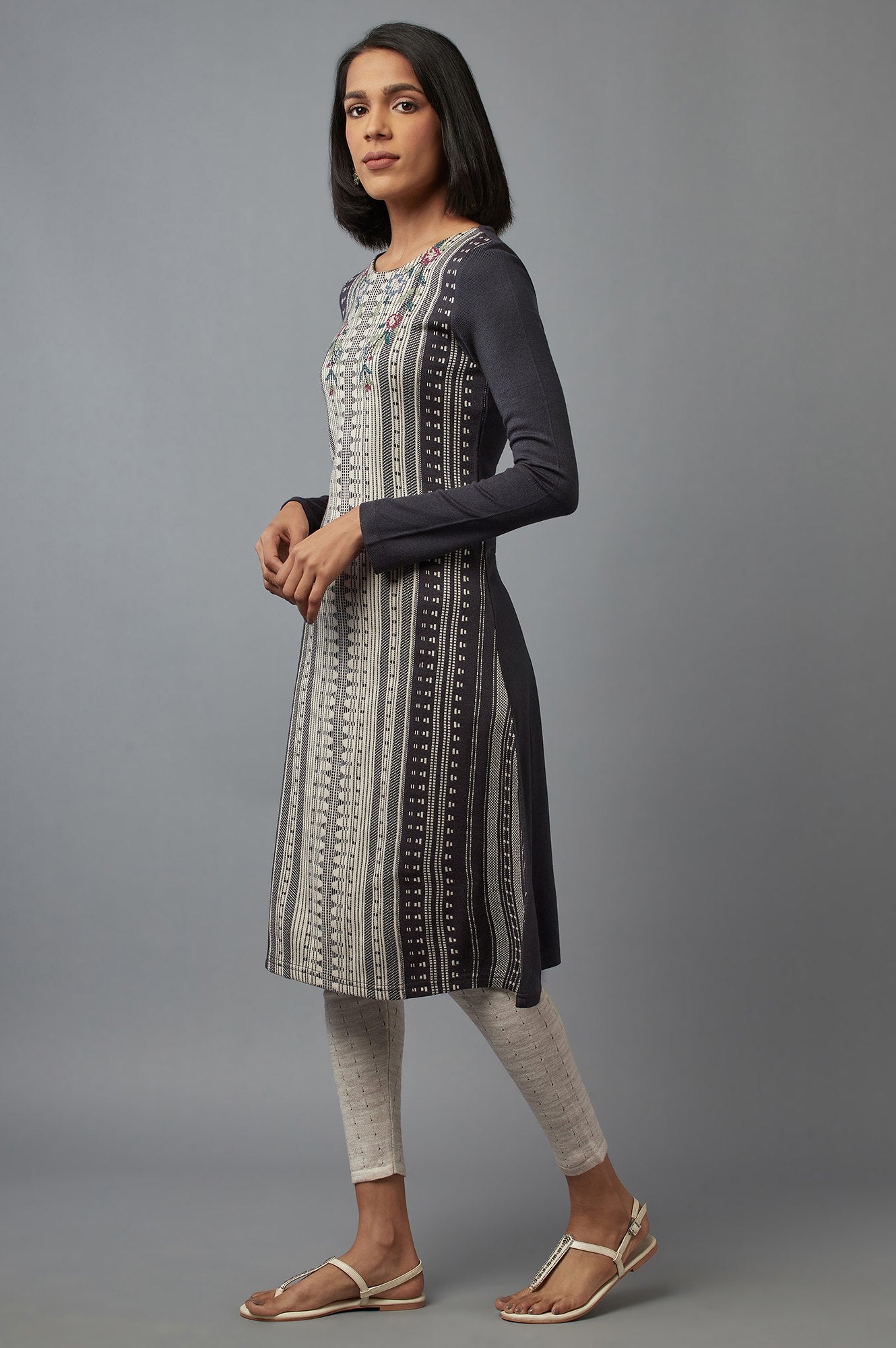 Dark Grey Colour Block kurta with Crosstitch Embroidery