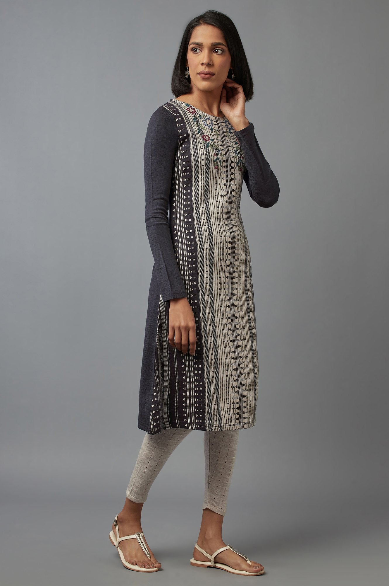 Dark Grey Colour Block kurta with Crosstitch Embroidery
