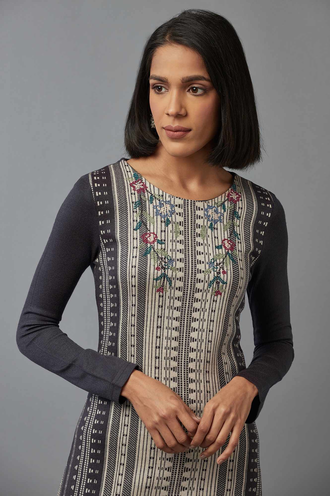 Dark Grey Colour Block kurta with Crosstitch Embroidery