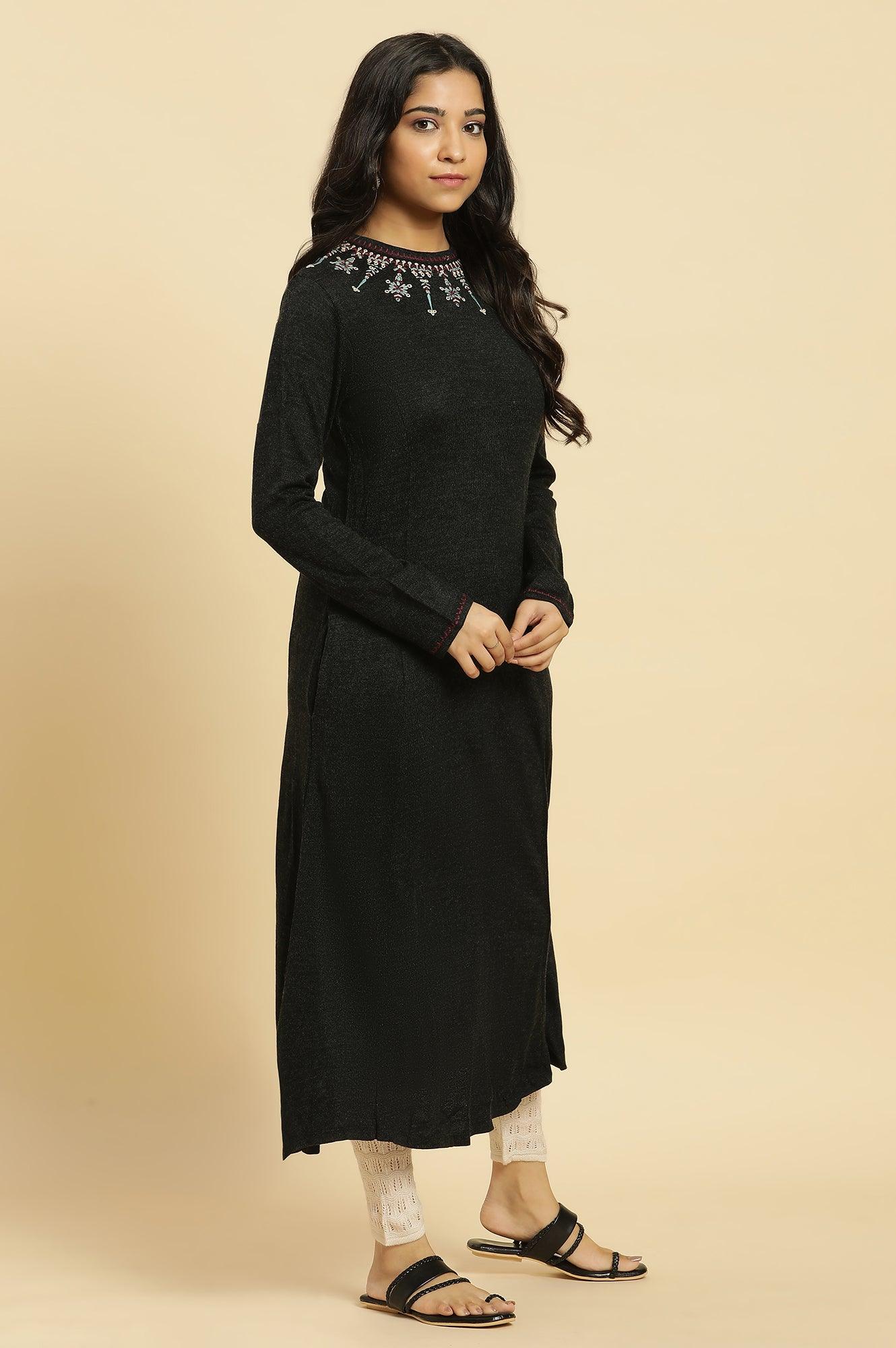 Black Embroidered Acrylic Kurta - wforwoman