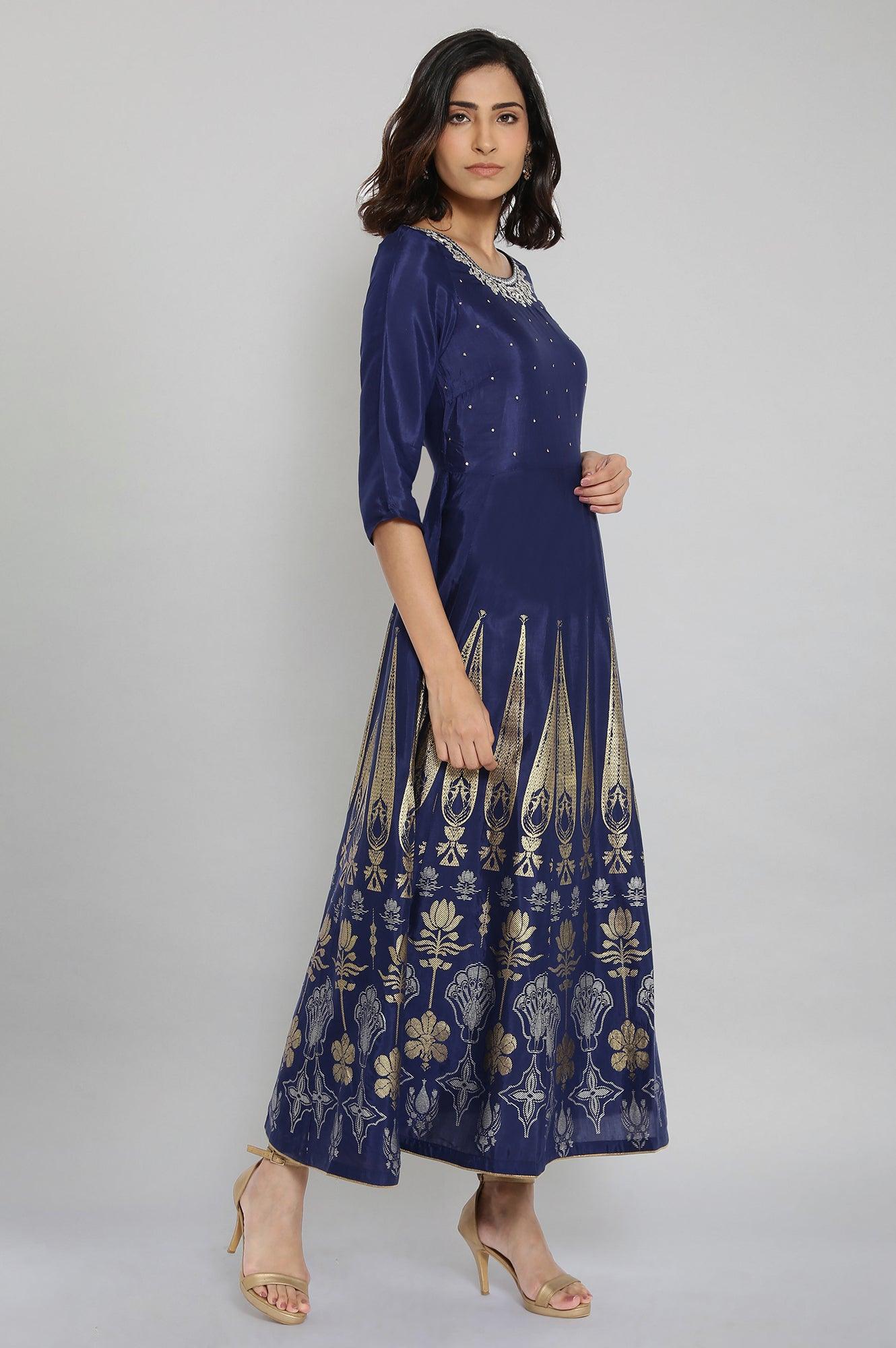 Navy Blue Round Neck Flared Dress - wforwoman