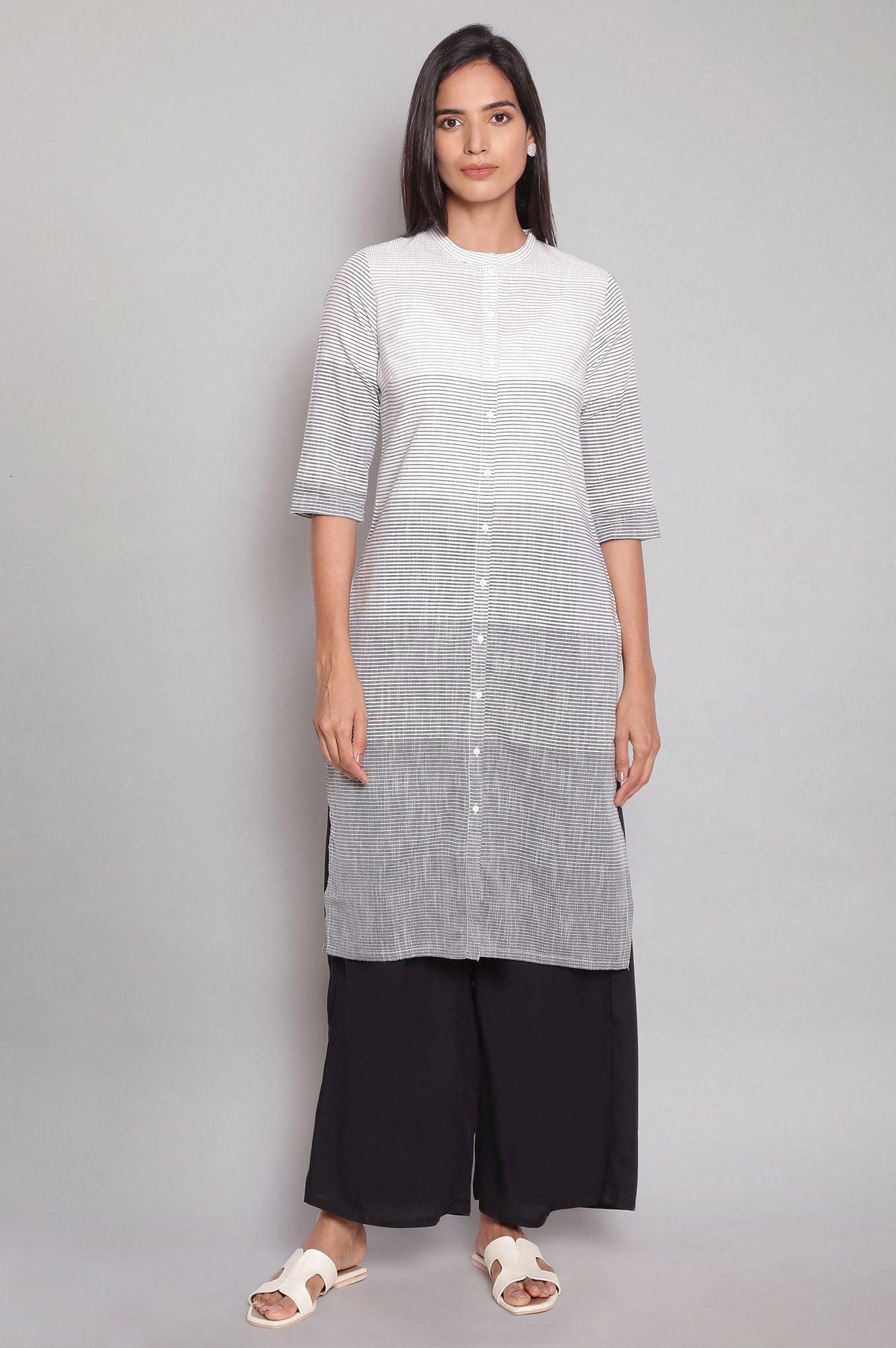 Ecru Grey Stripe Print kurta - wforwoman