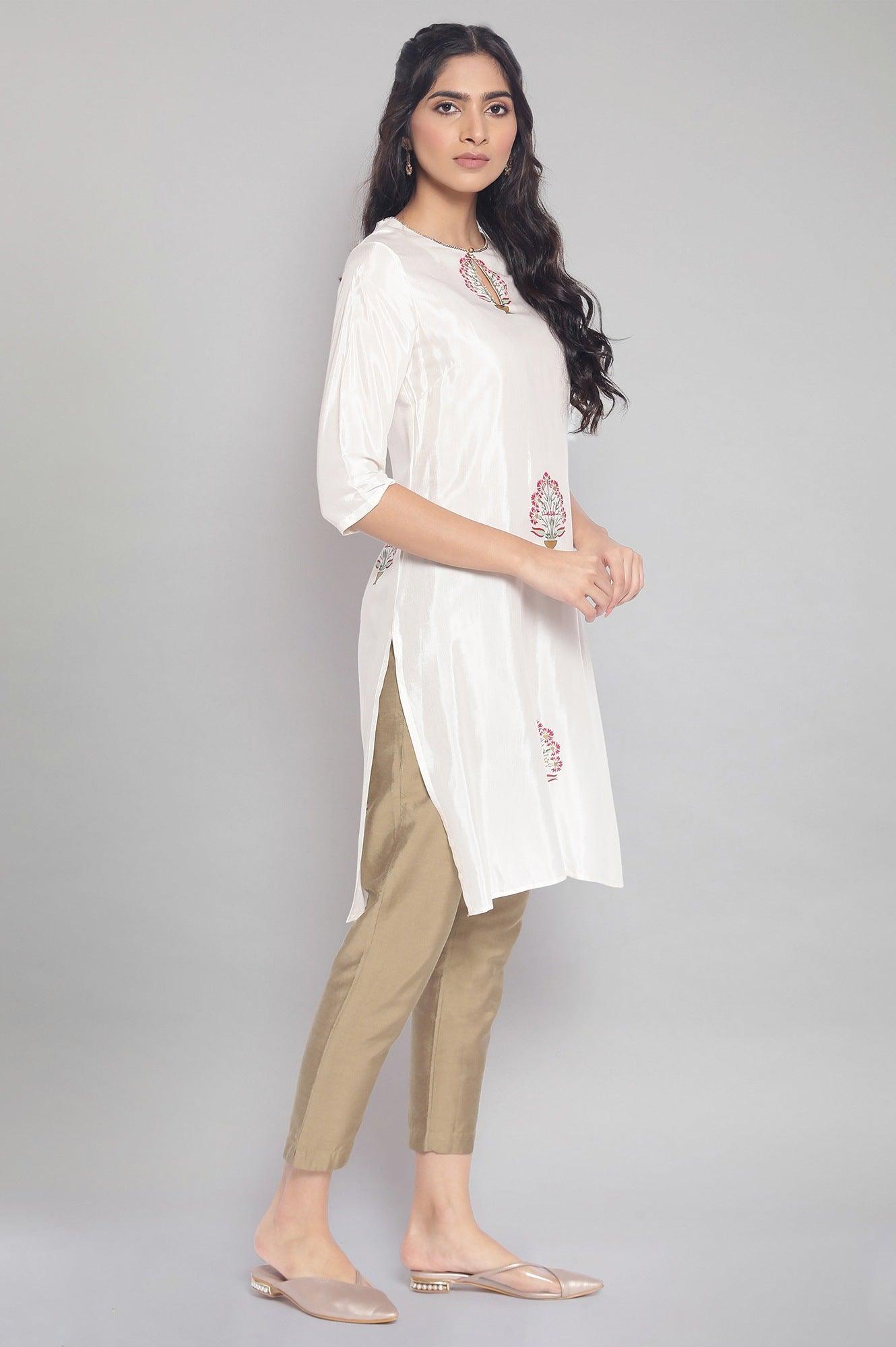 Ecru kurta with Floral Gold Foil Print - wforwoman
