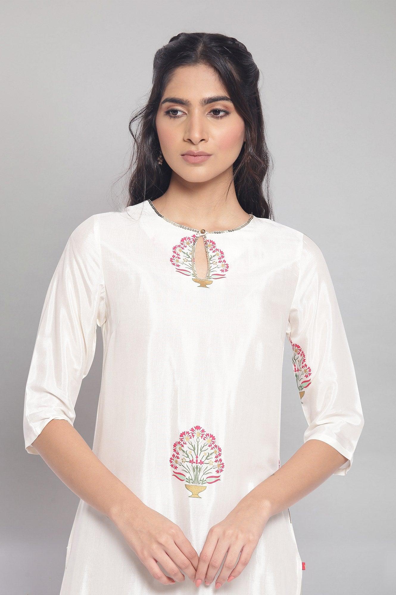 Ecru kurta with Floral Gold Foil Print - wforwoman