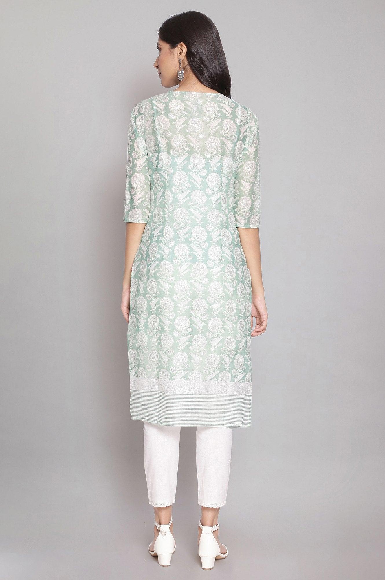 Sap Green kurta with Floral Silver Glitter Print - wforwoman