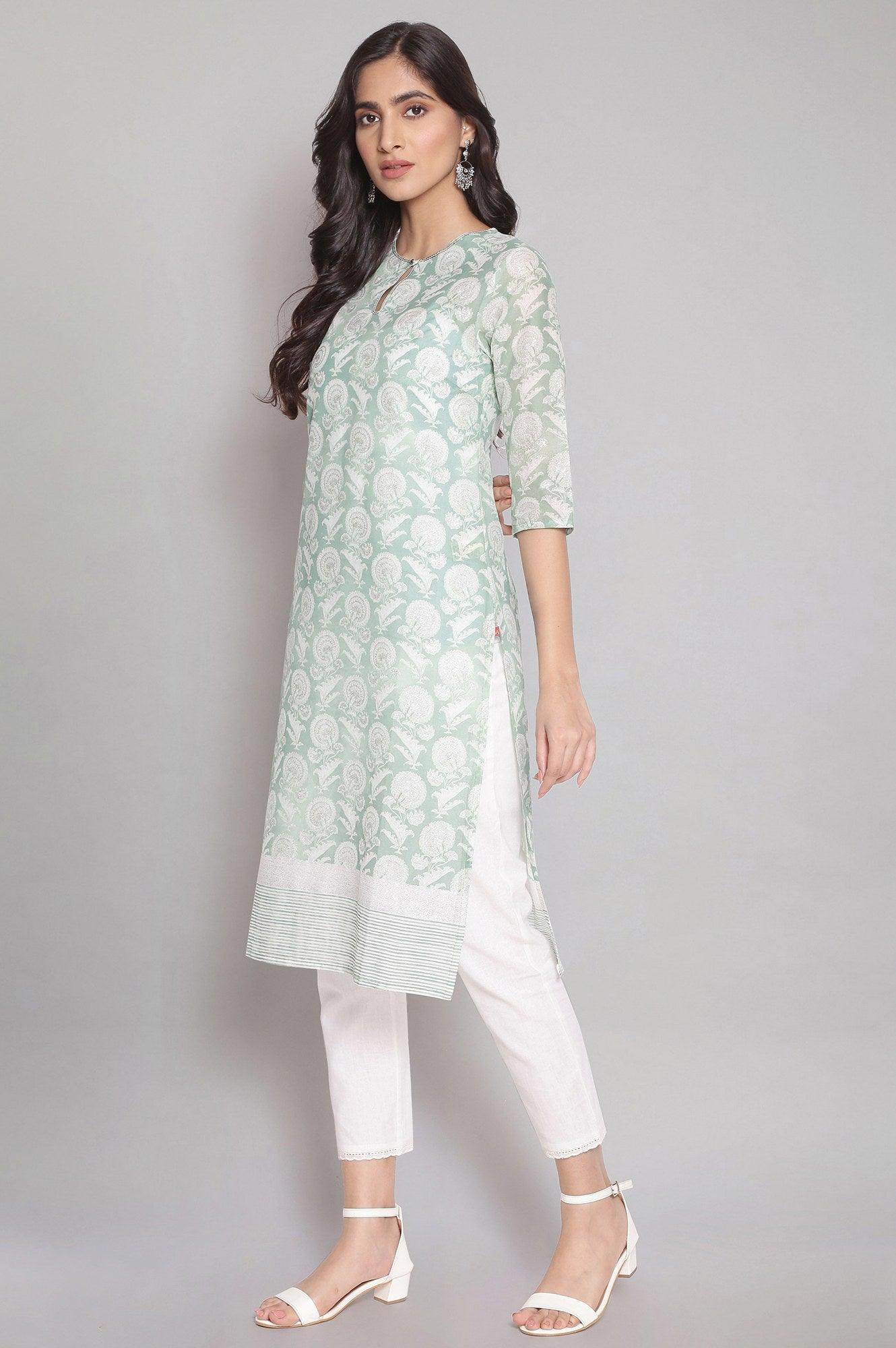 Sap Green kurta with Floral Silver Glitter Print - wforwoman
