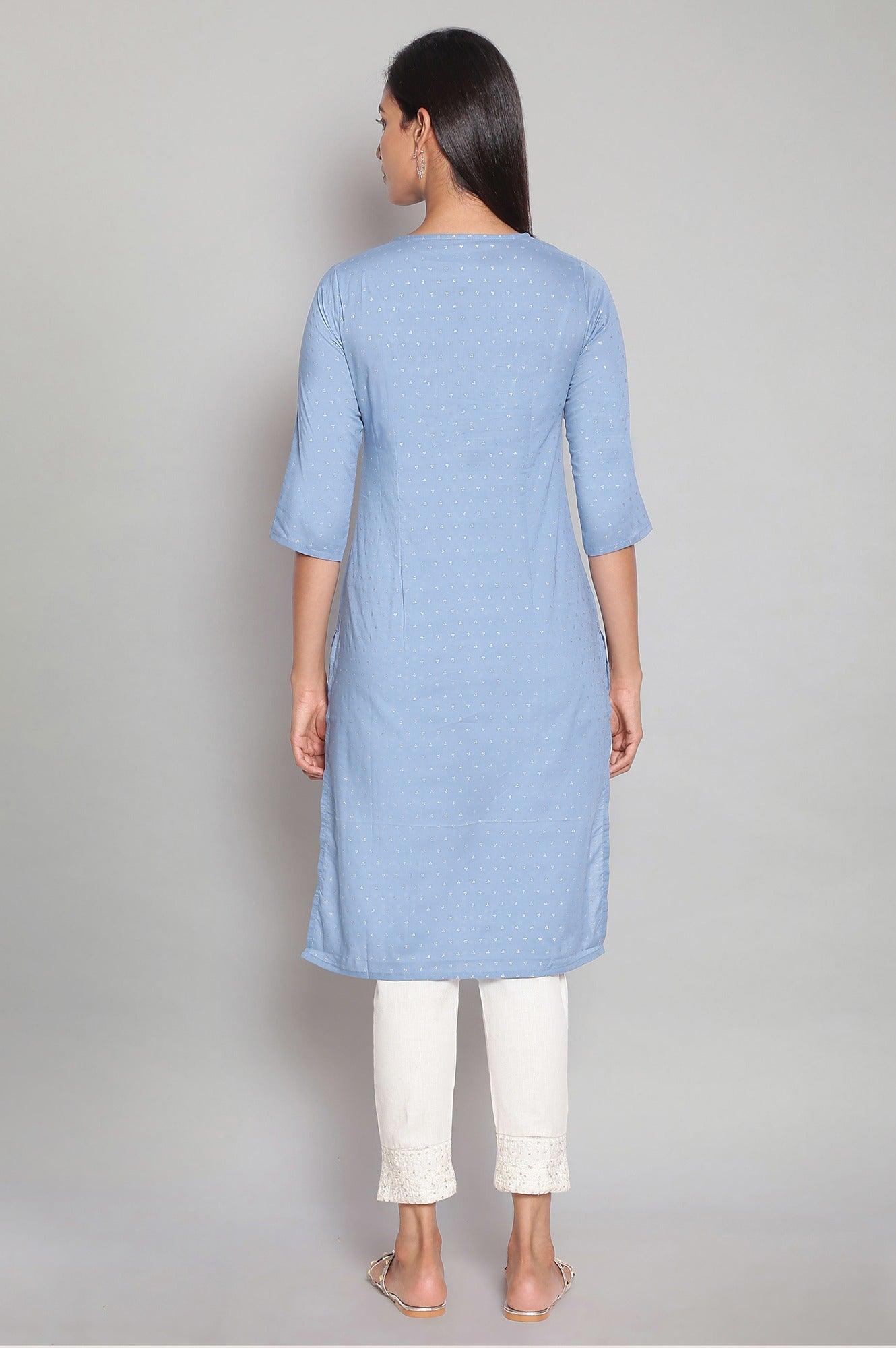Sky Blue kurta with Silver Glitter Print - wforwoman