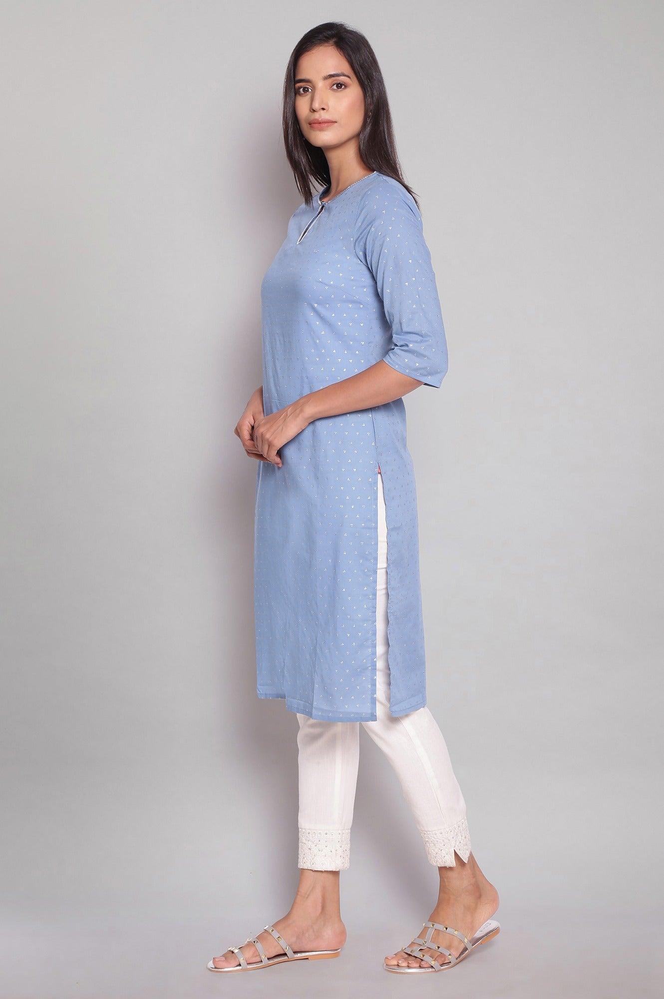 Sky Blue kurta with Silver Glitter Print - wforwoman