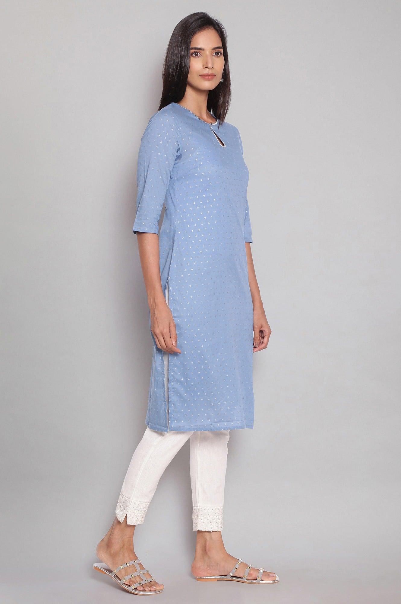 Sky Blue kurta with Silver Glitter Print - wforwoman