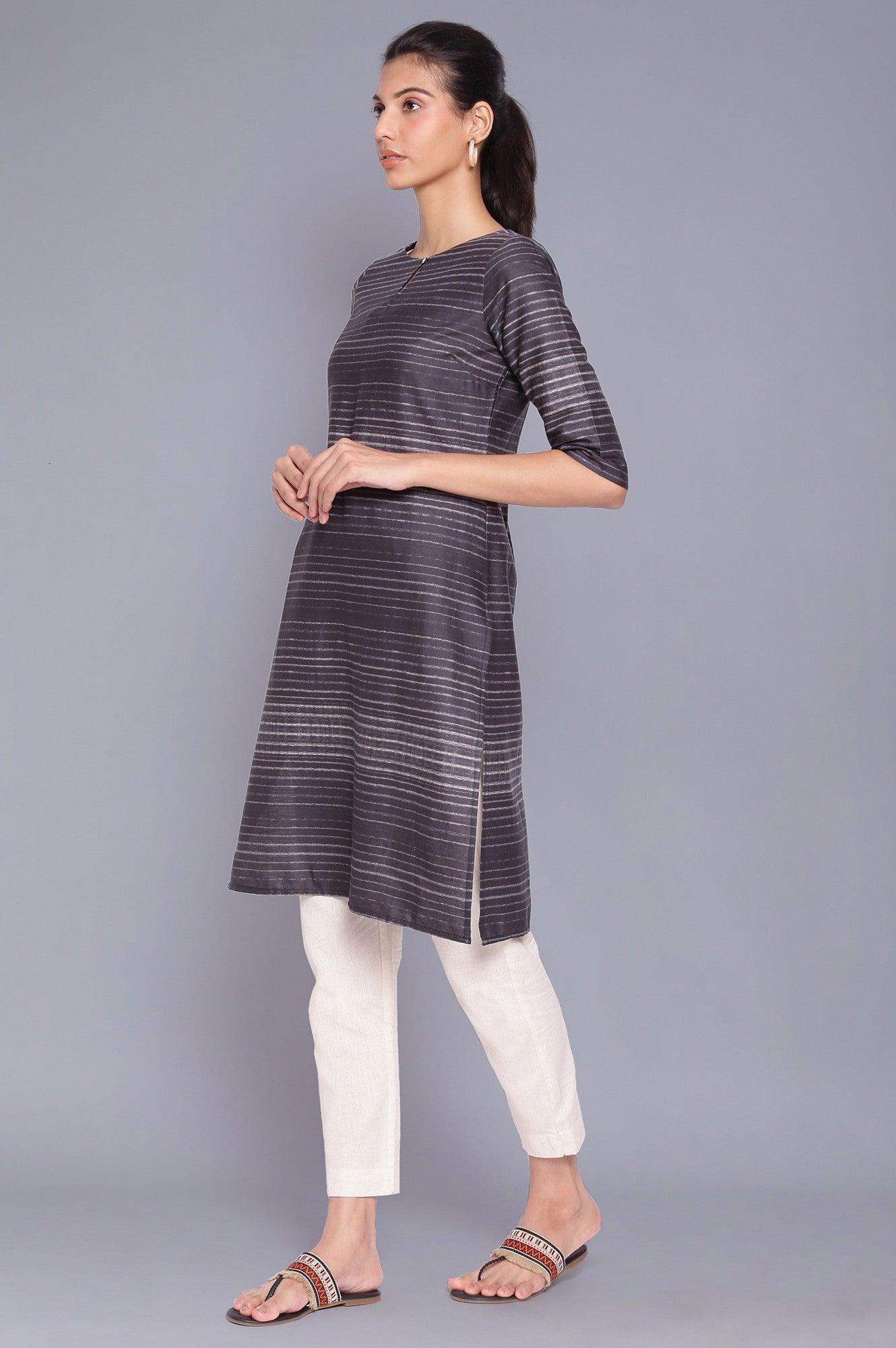 Dark Grey Stripe Printed Cotton kurta - wforwoman