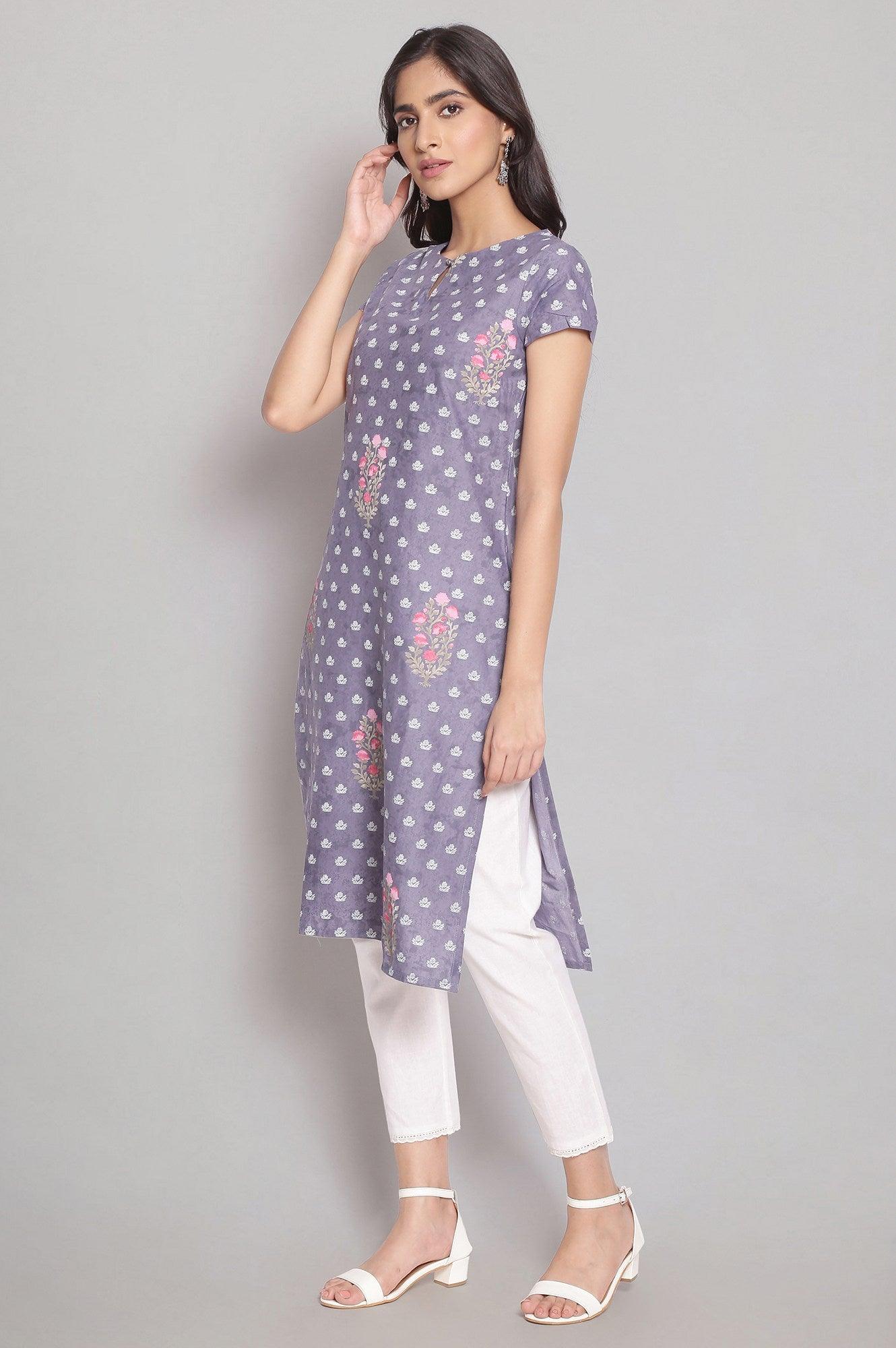 Chambray Blue Floral Print kurta - wforwoman