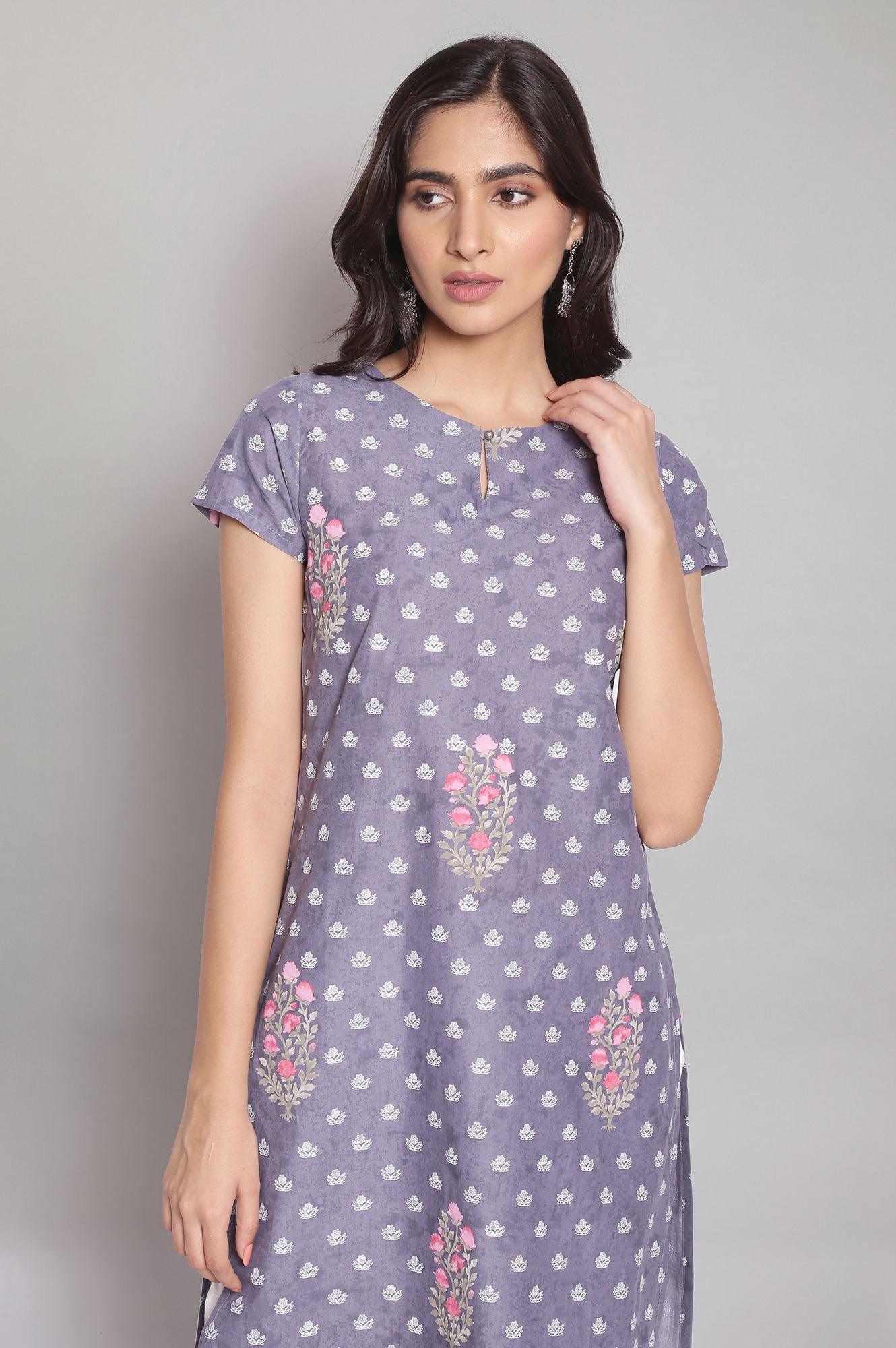 Chambray Blue Floral Print kurta - wforwoman