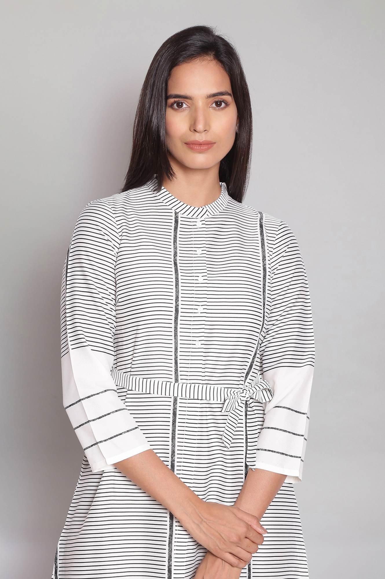 Ecru Mandarin Collar Striped A-line Dress - wforwoman