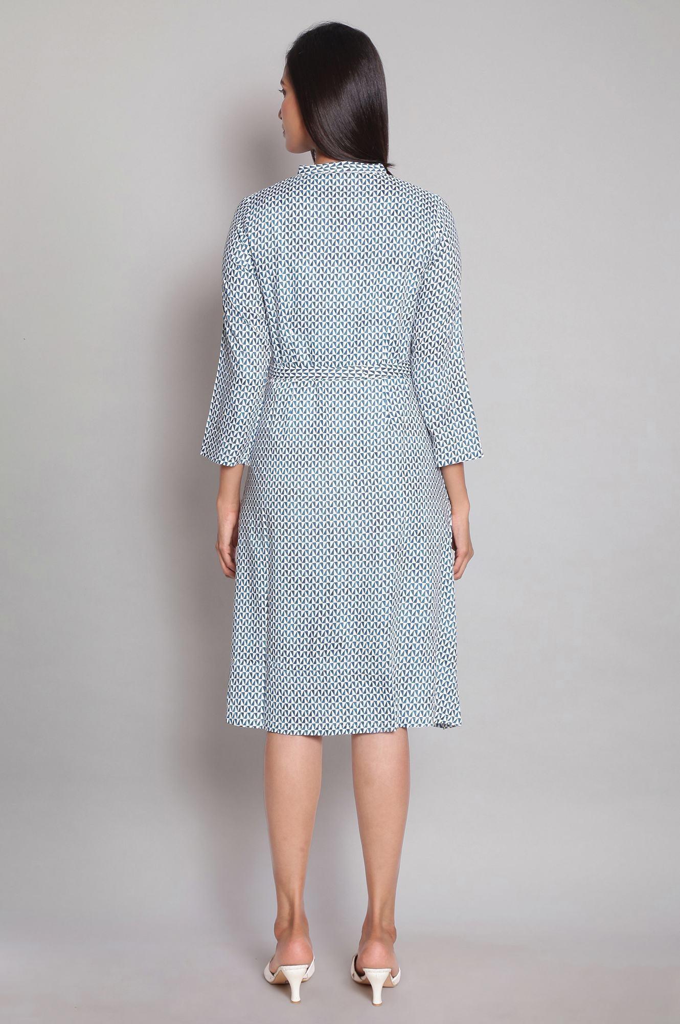 Ecru and Blue Geometric Printed Dress - wforwoman