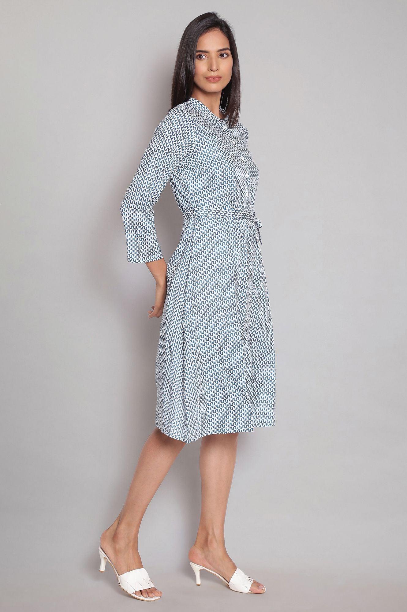 Ecru and Blue Geometric Printed Dress - wforwoman