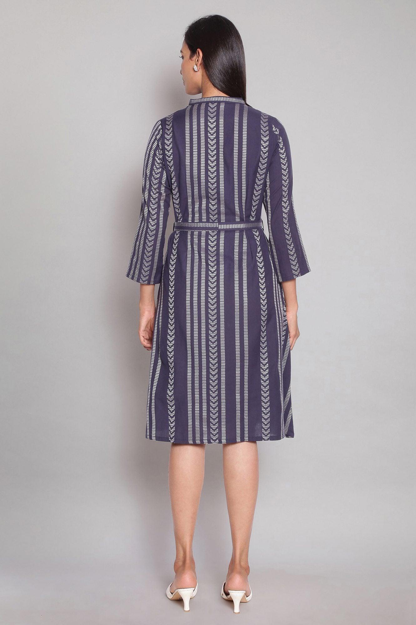 Navy Blue Printed Dobby Shirt Dress - wforwoman