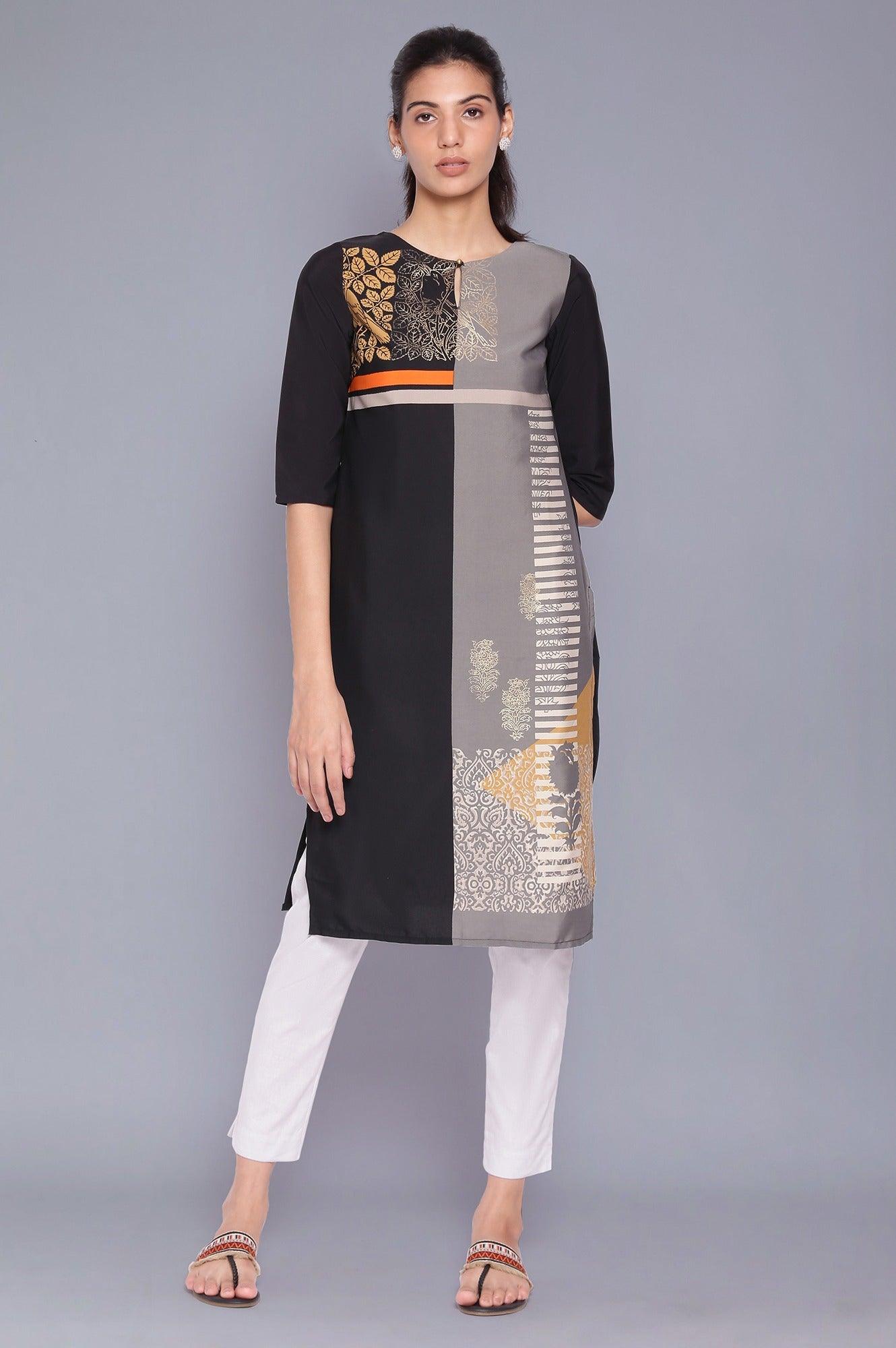 Black And Grey Geometric Print kurta - wforwoman