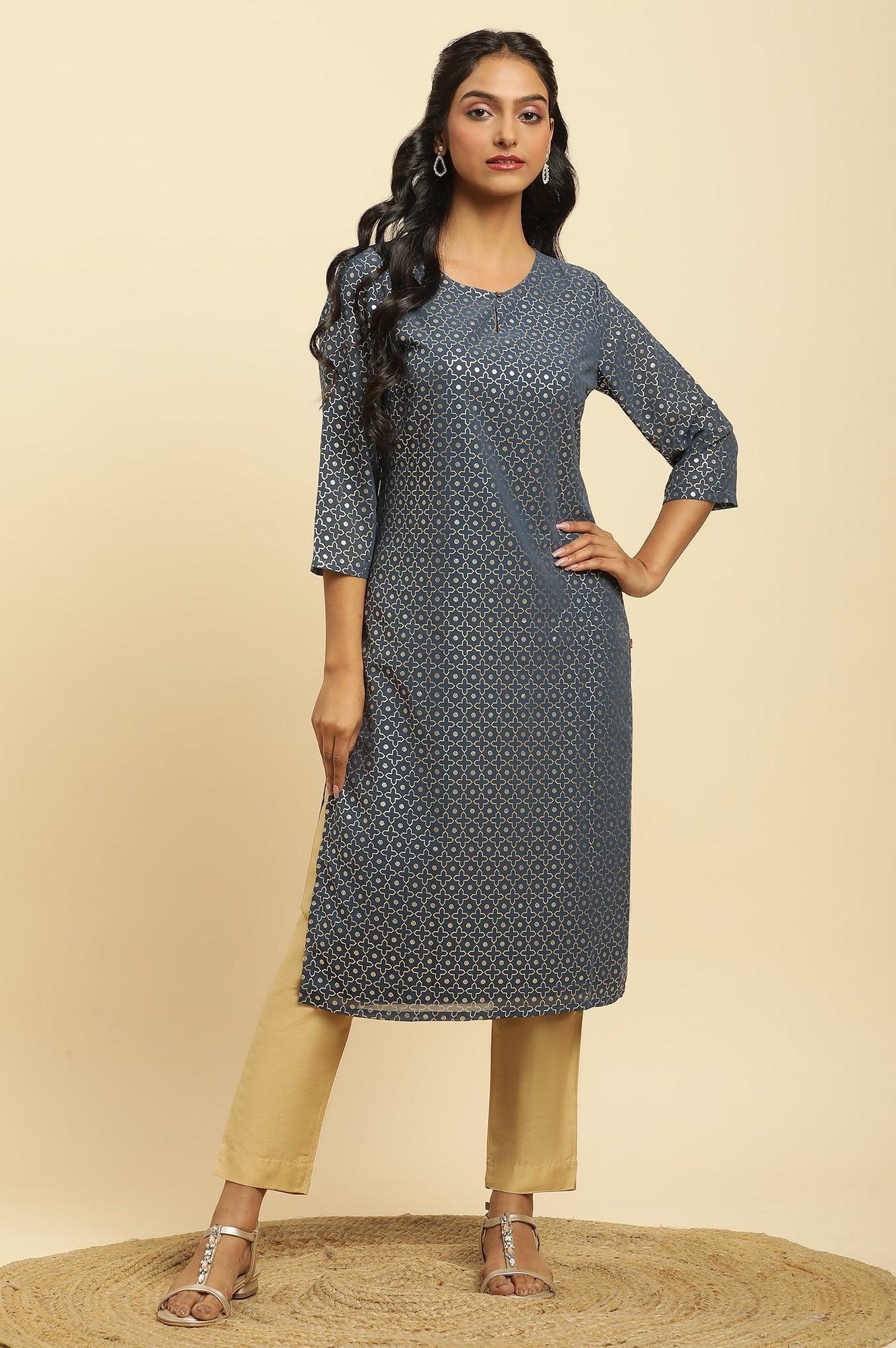 Blue Foil Printed Straight Kurta - wforwoman